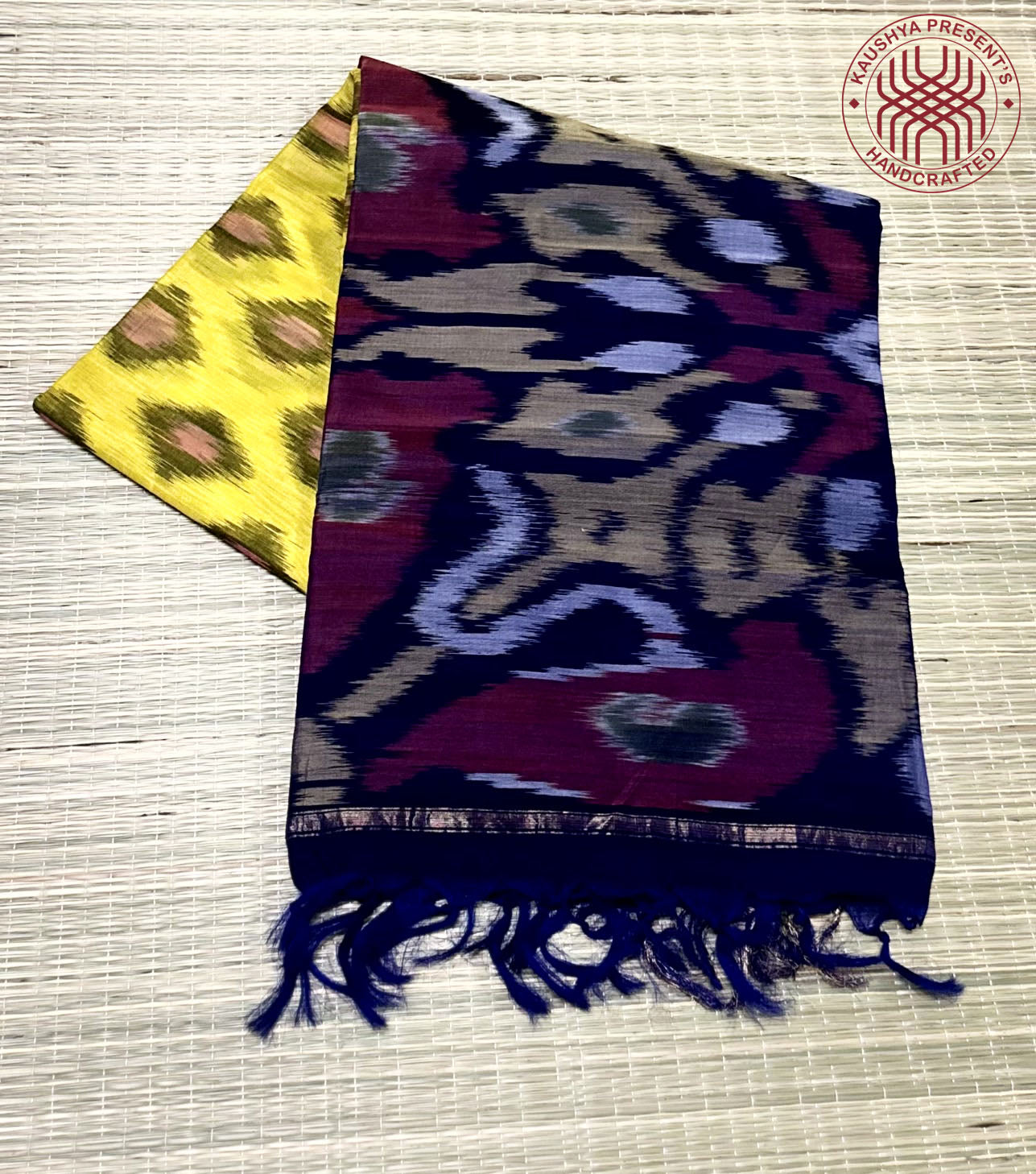 Yellow & Navy Blue Pochampally Ikat Silk Cotton Saree
