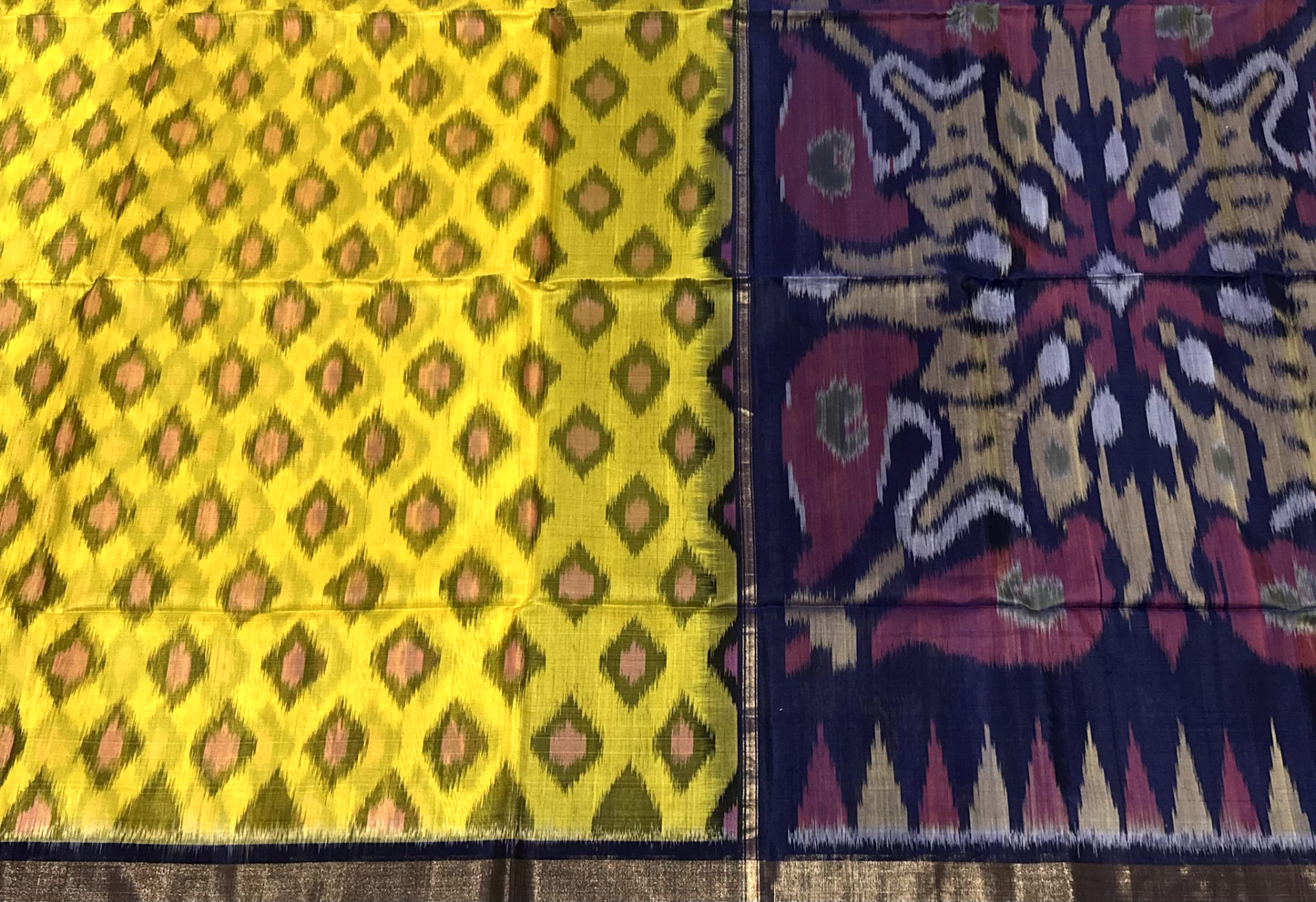 Yellow & Navy Blue Pochampally Ikat Silk Cotton Saree