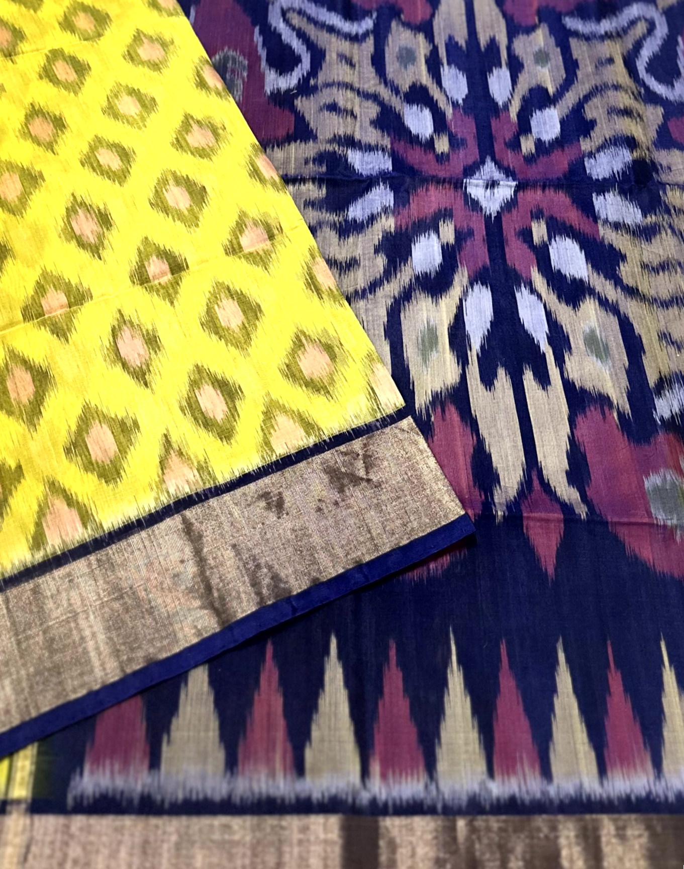 Yellow & Navy Blue Pochampally Ikat Silk Cotton Saree