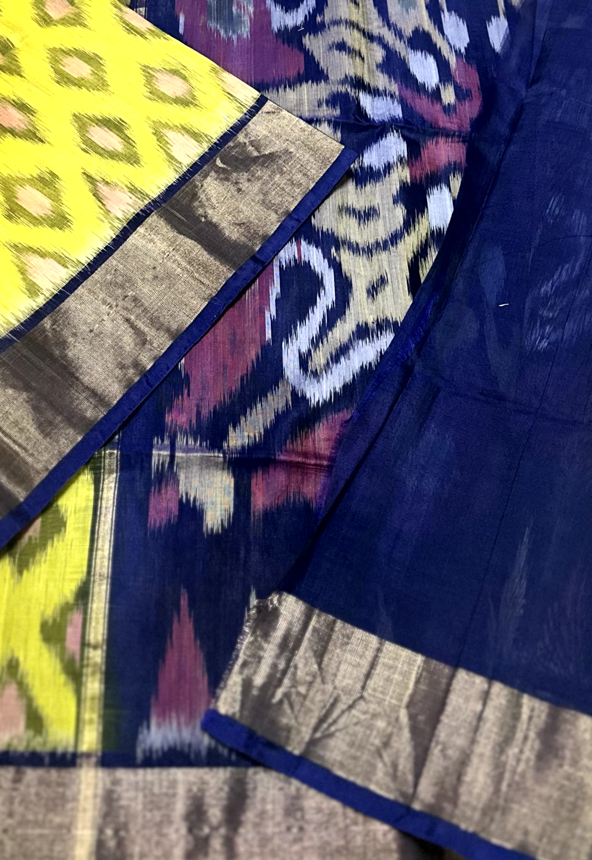 Yellow & Navy Blue Pochampally Ikat Silk Cotton Saree