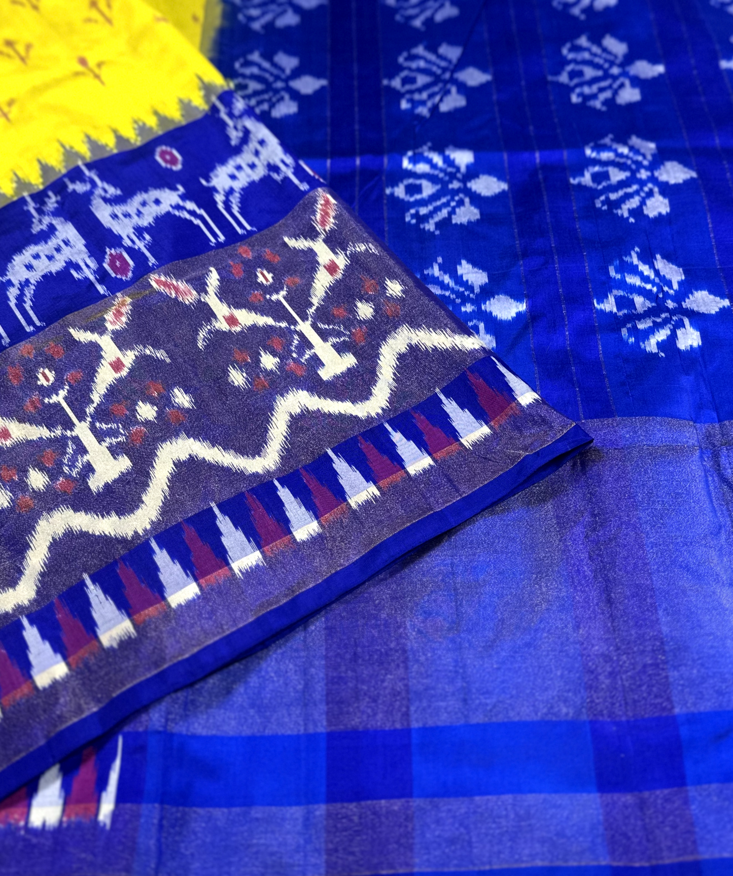 Yellow & Navy Pochampally Pure Silk Saree