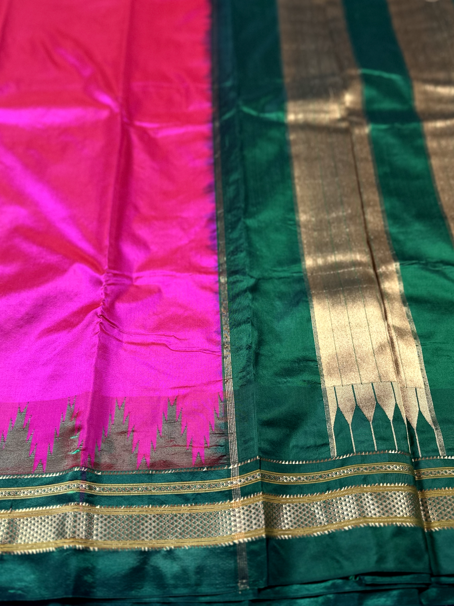 Rani Pink Ilkal Pure Silk Saree with Green Temple Border