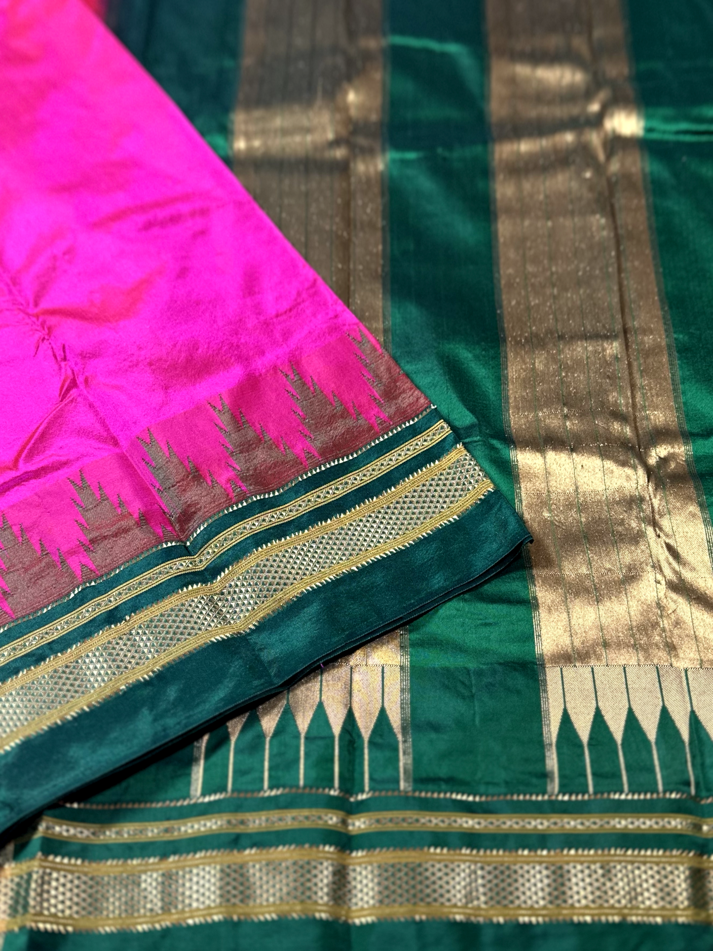 Rani Pink Ilkal Pure Silk Saree with Green Temple Border