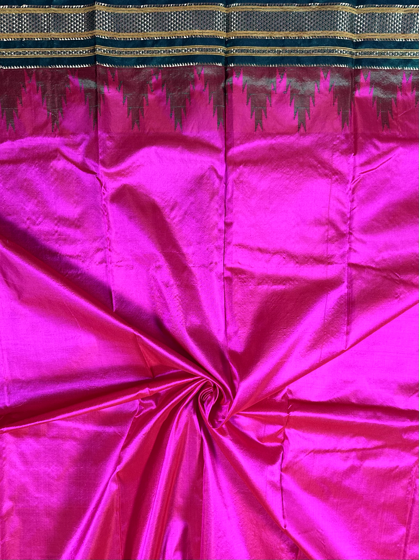 Rani Pink Ilkal Pure Silk Saree with Green Temple Border