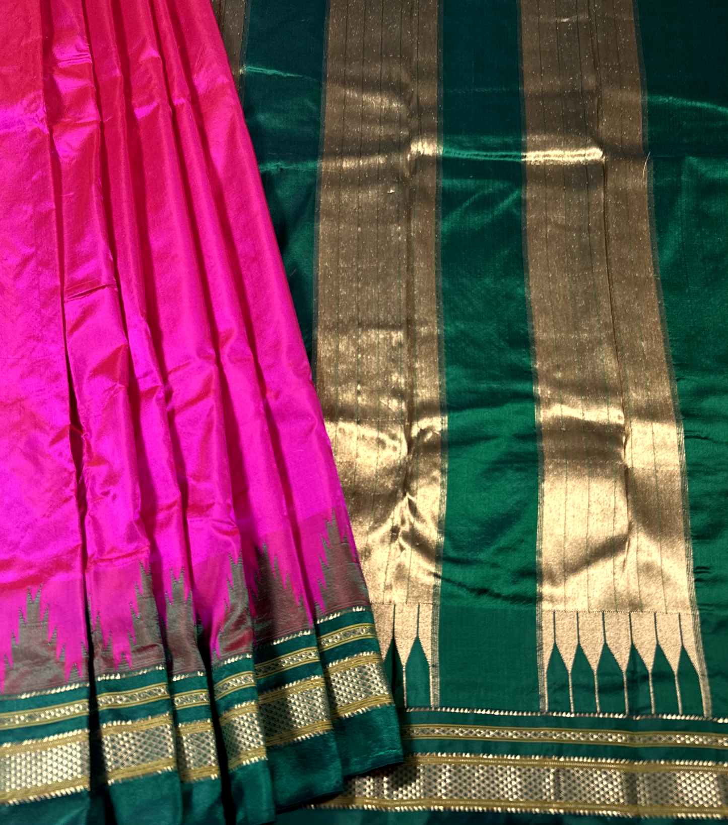 Rani Pink Ilkal Pure Silk Saree with Green Temple Border