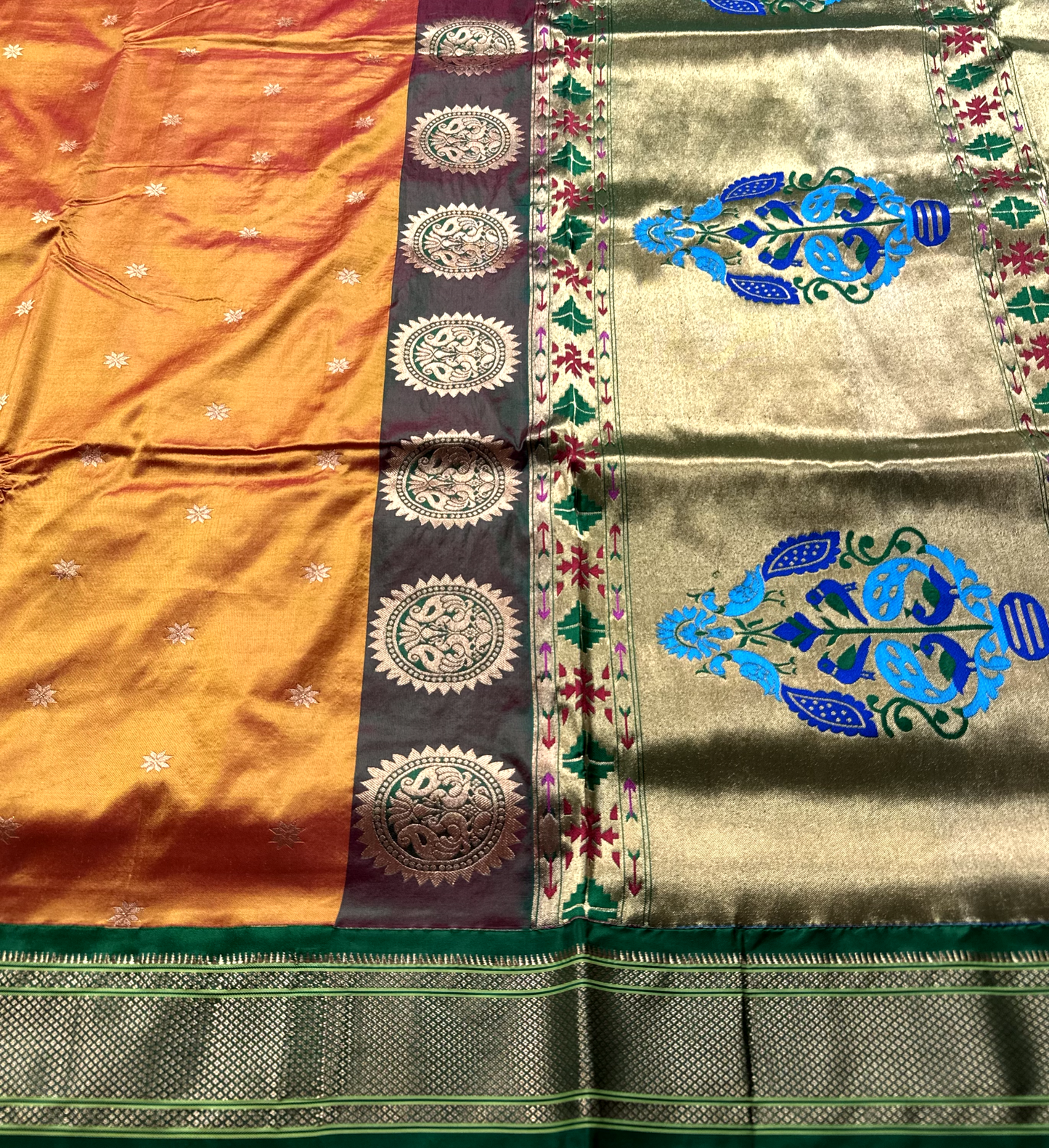 Orange Pure Silk Gadwal Paithani Saree with Green Border