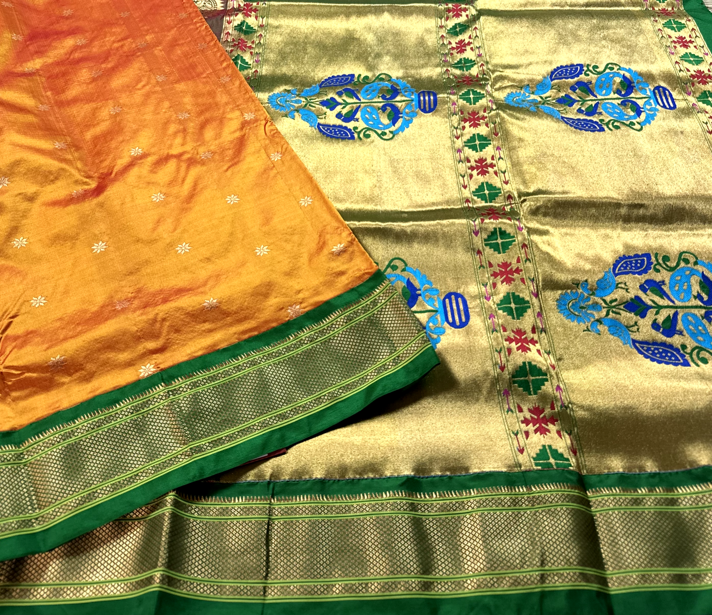 Orange Pure Silk Gadwal Paithani Saree with Green Border