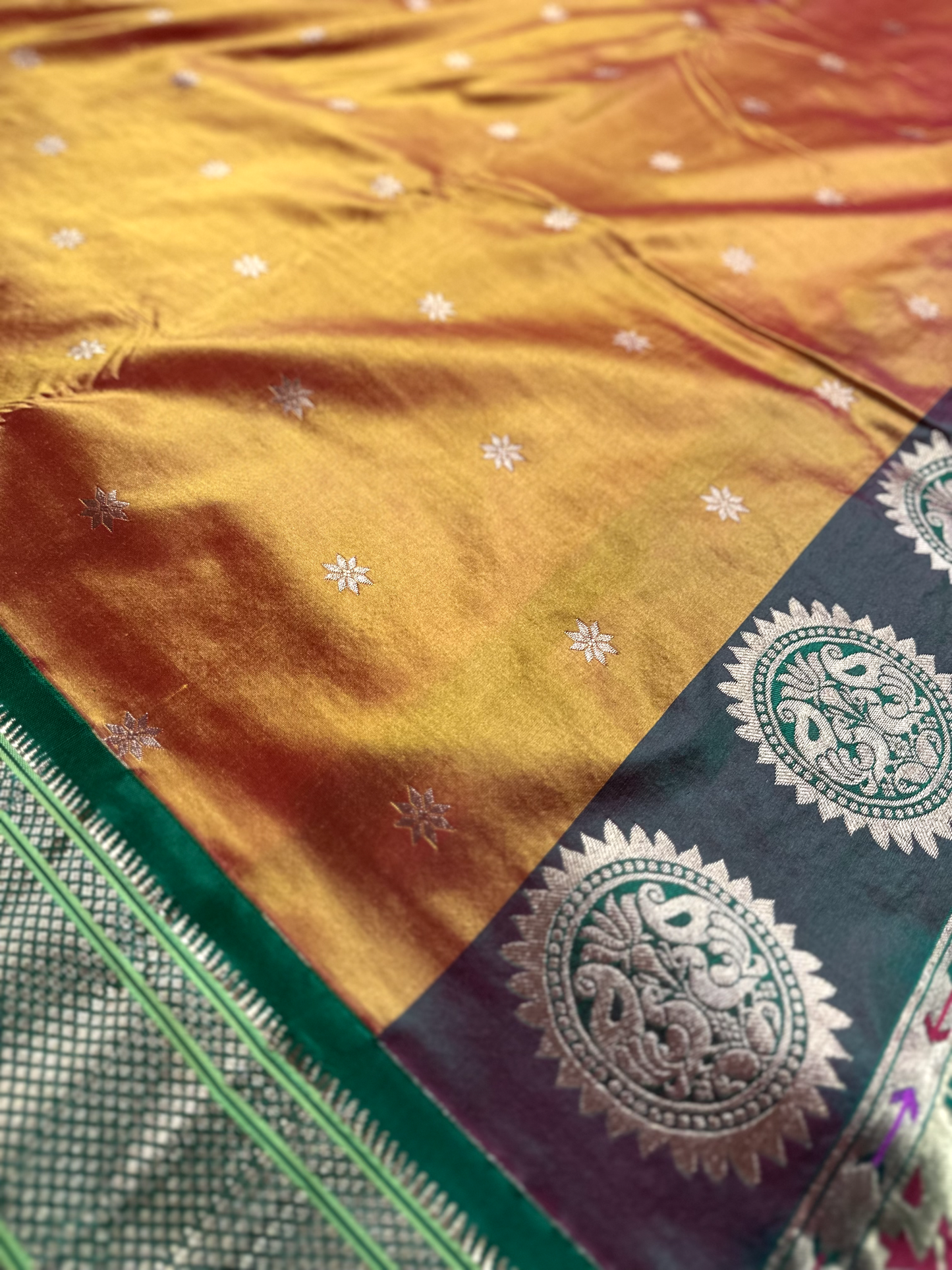 Orange Pure Silk Gadwal Paithani Saree with Green Border