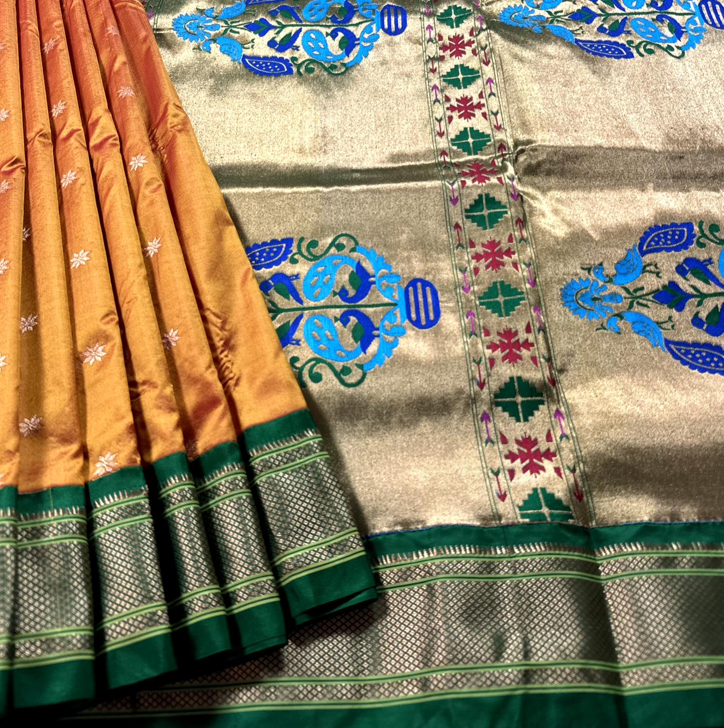 Orange Pure Silk Gadwal Paithani Saree with Green Border