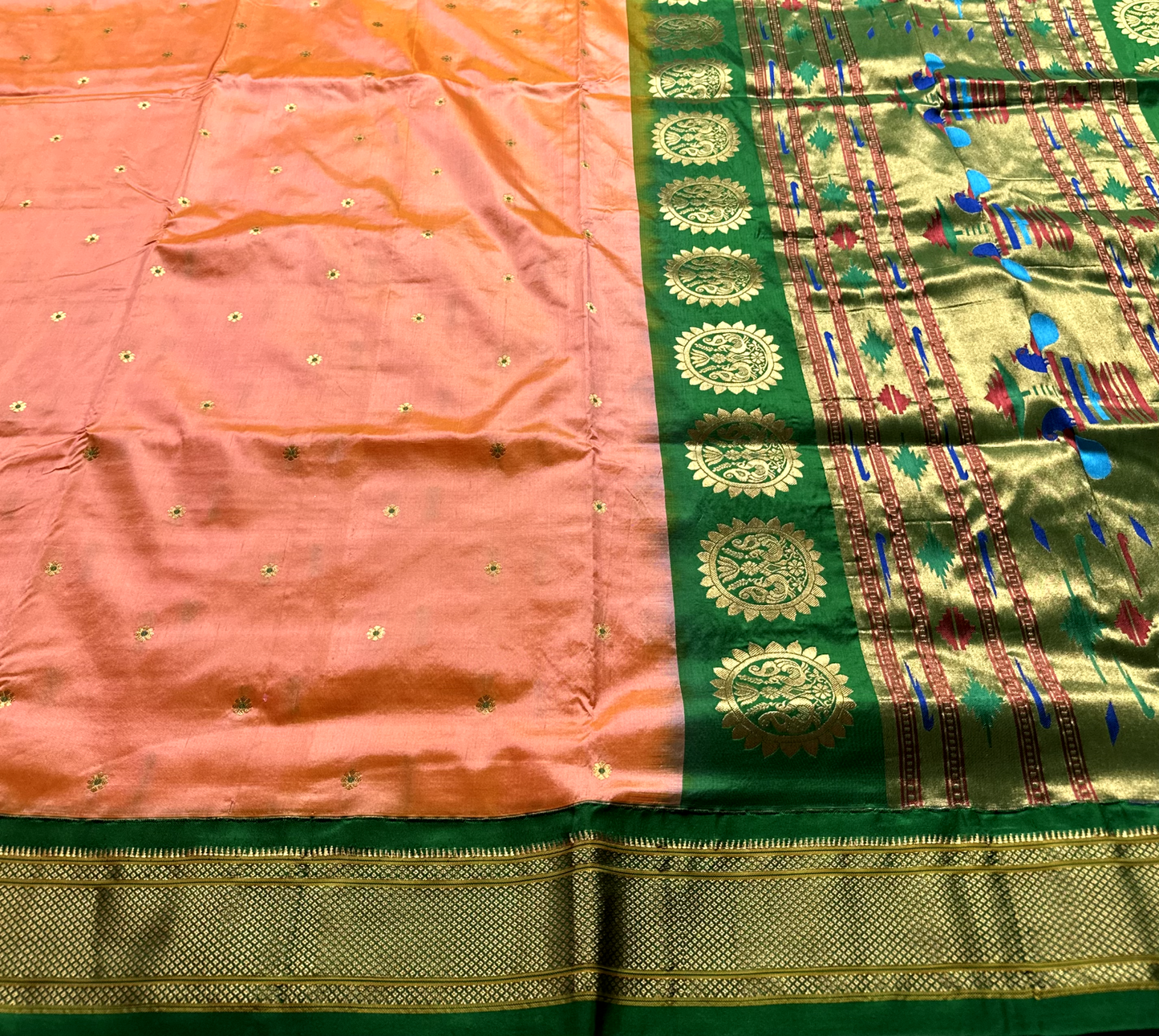 Coral Pure Silk Gadwal Paithani Saree with Green Border