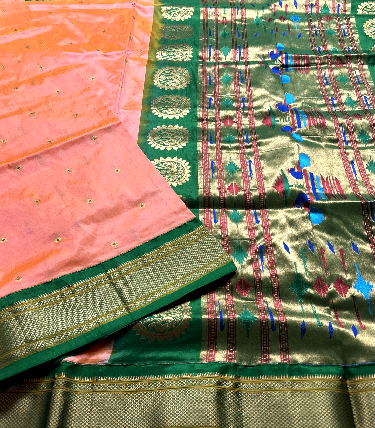 Coral Pure Silk Gadwal Paithani Saree with Green Border