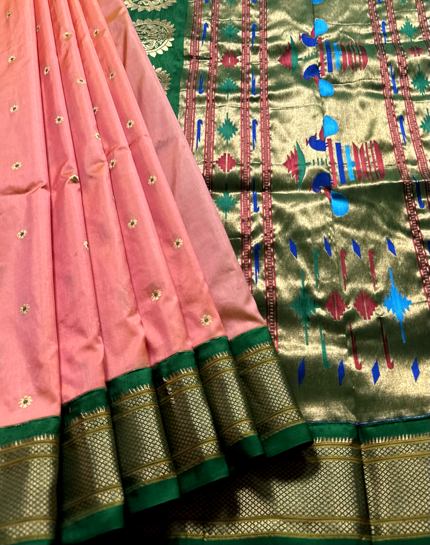 Coral Pure Silk Gadwal Paithani Saree with Green Border