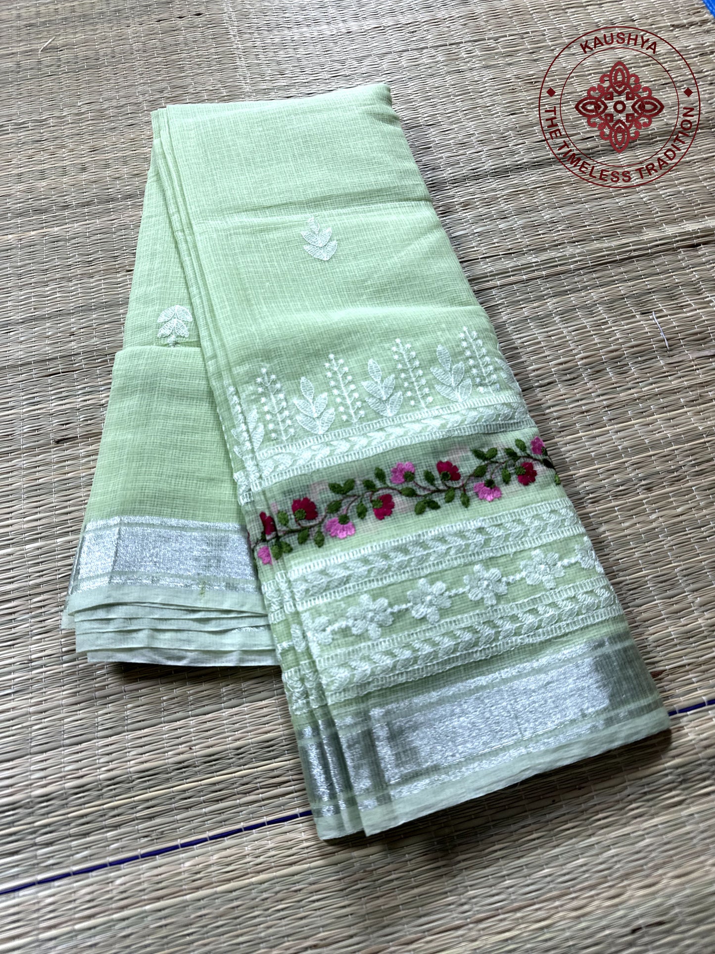 Green Kota Doria Saree with White Floral Hand Embroidery