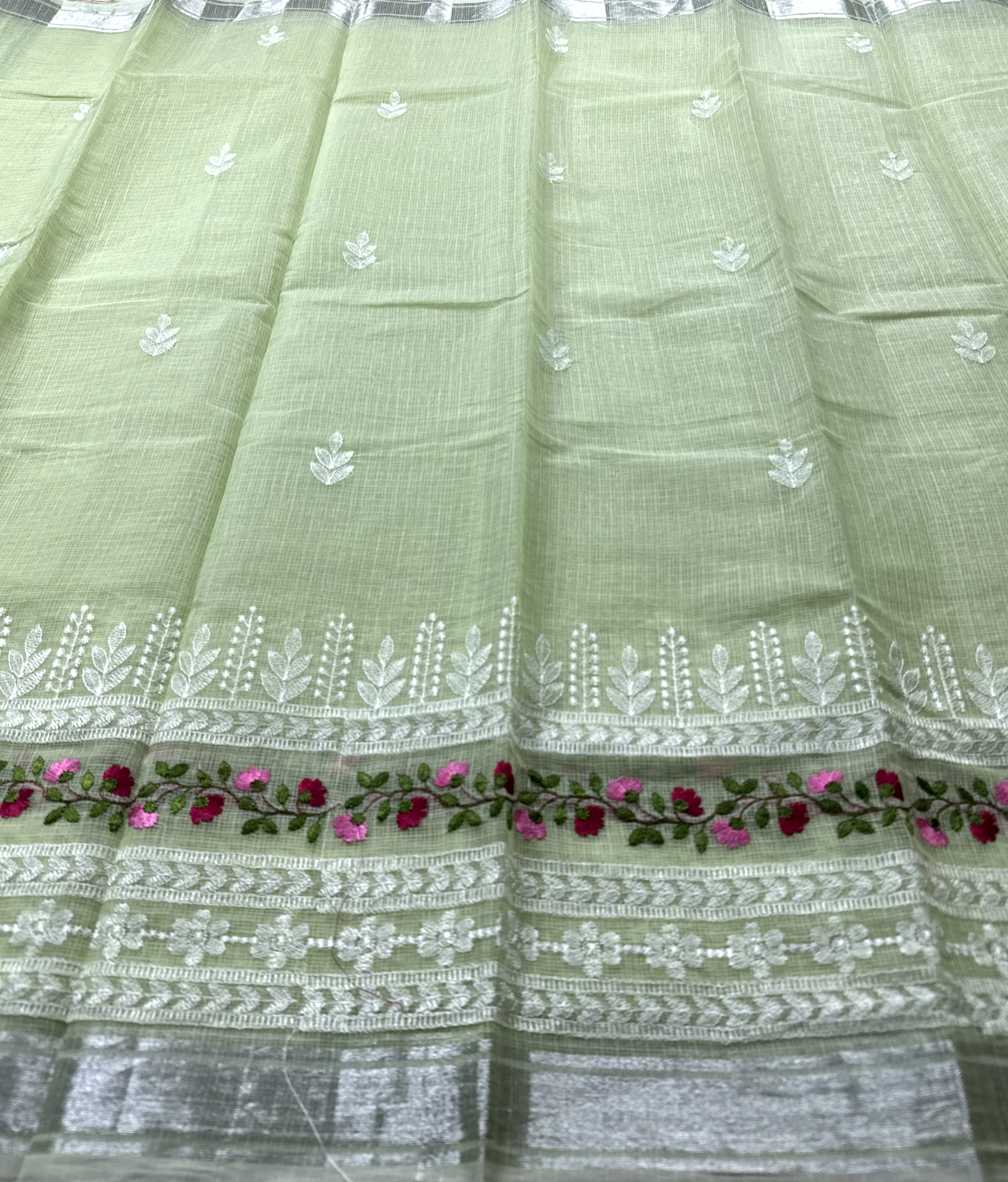 Green Kota Doria Saree with White Floral Hand Embroidery