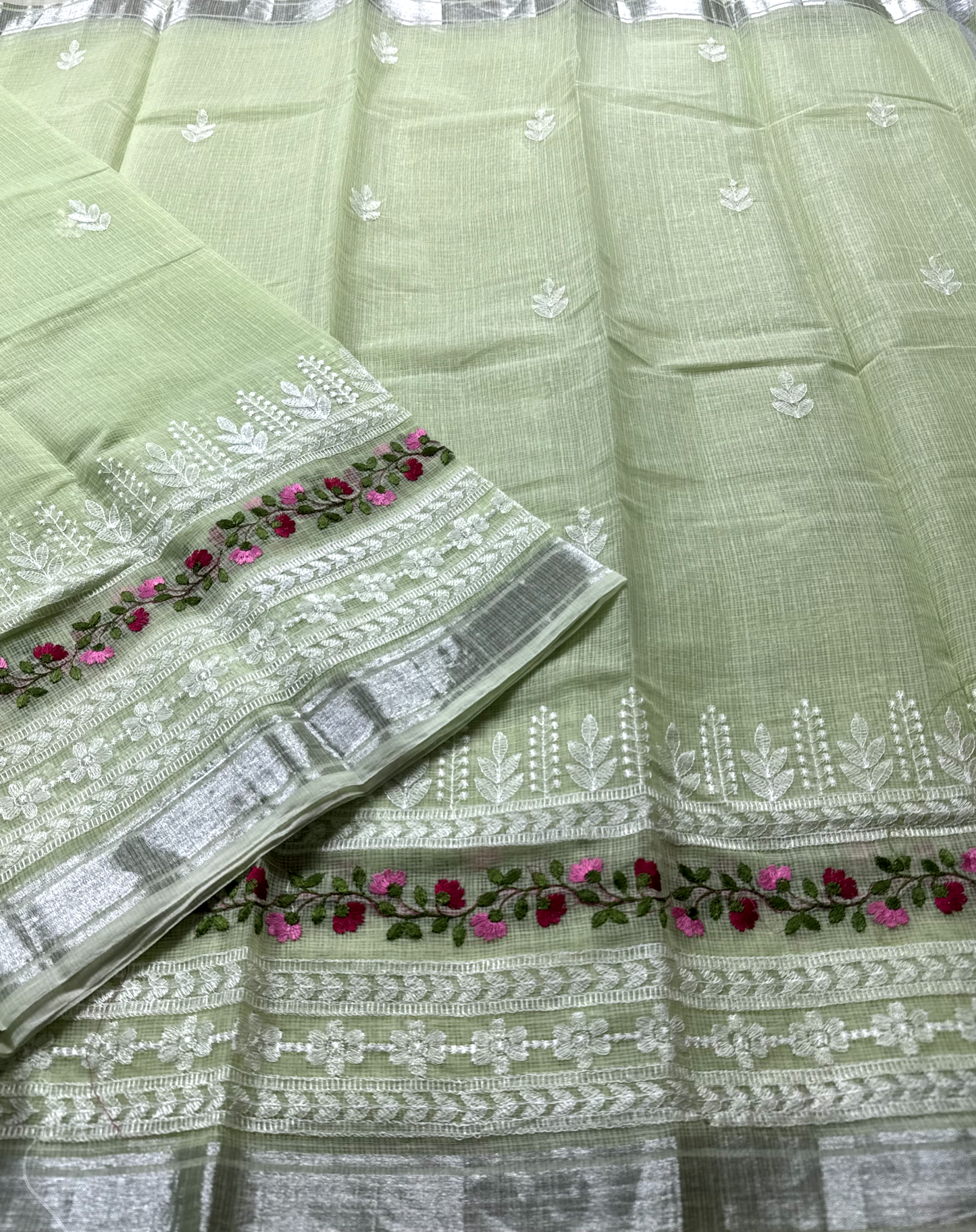 Green Kota Doria Saree with White Floral Hand Embroidery