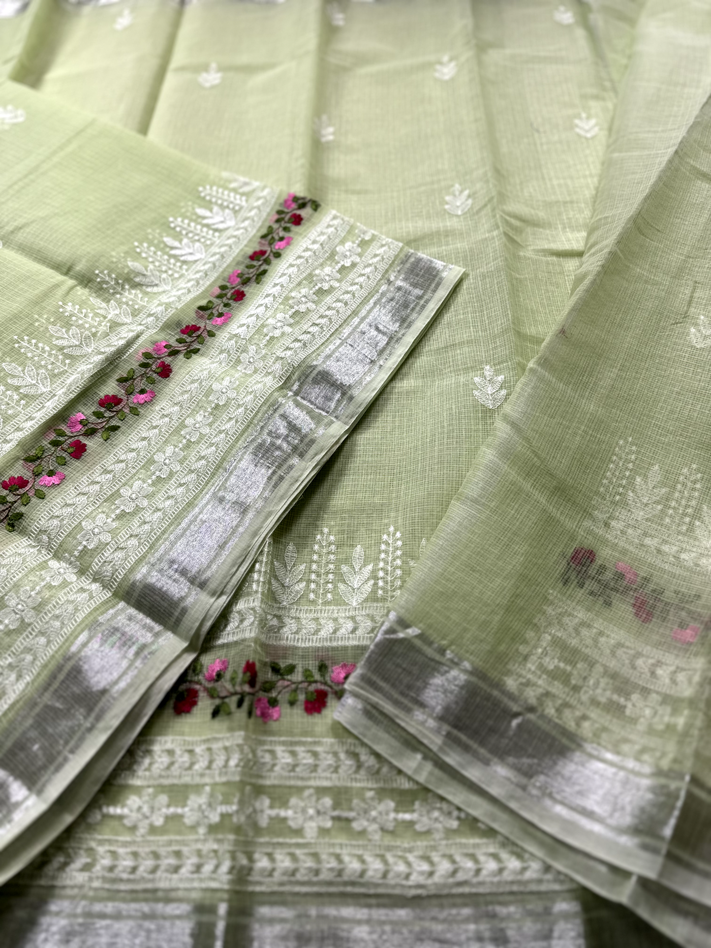 Green Kota Doria Saree with White Floral Hand Embroidery