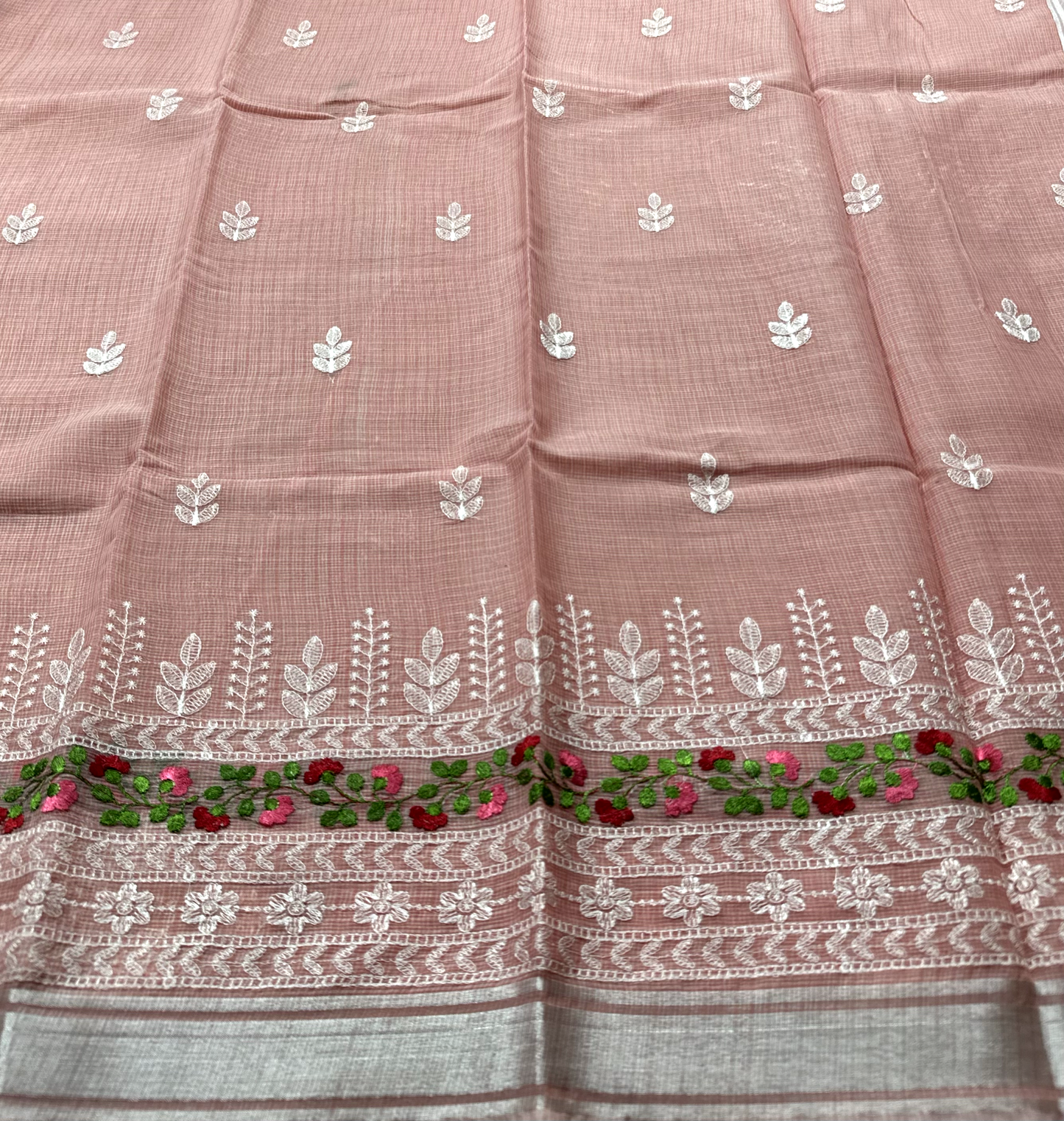 Pink Kota Doria Saree with White Floral Hand Embroidery