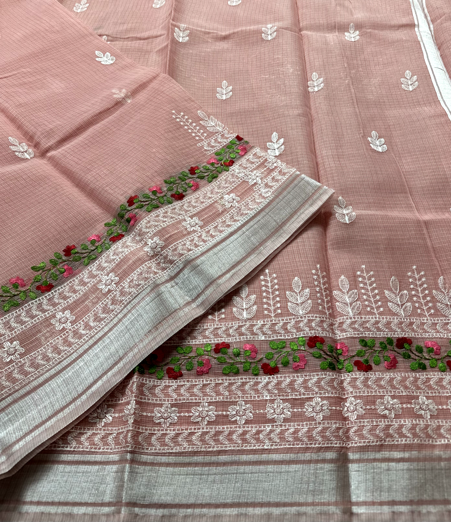 Pink Kota Doria Saree with White Floral Hand Embroidery