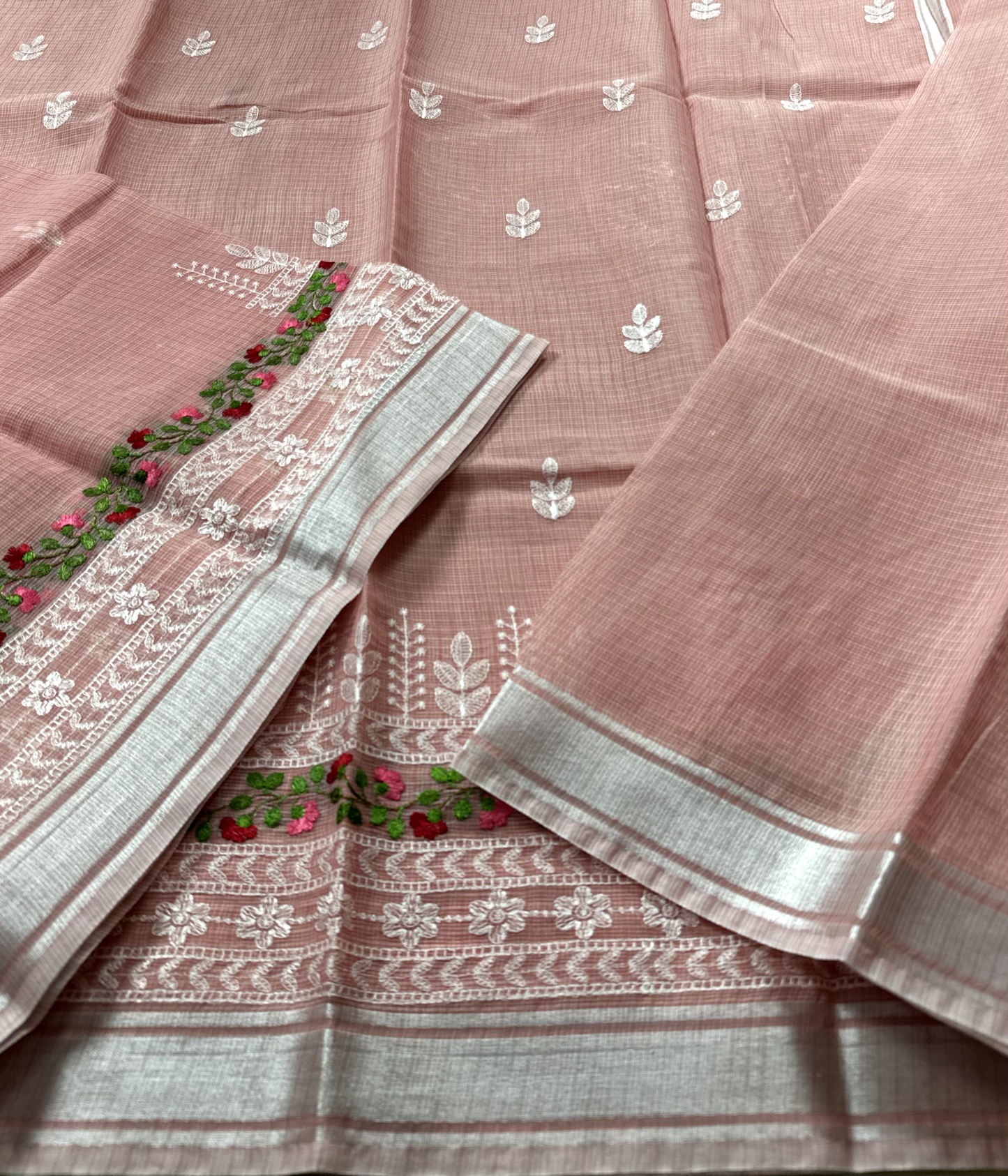 Pink Kota Doria Saree with White Floral Hand Embroidery