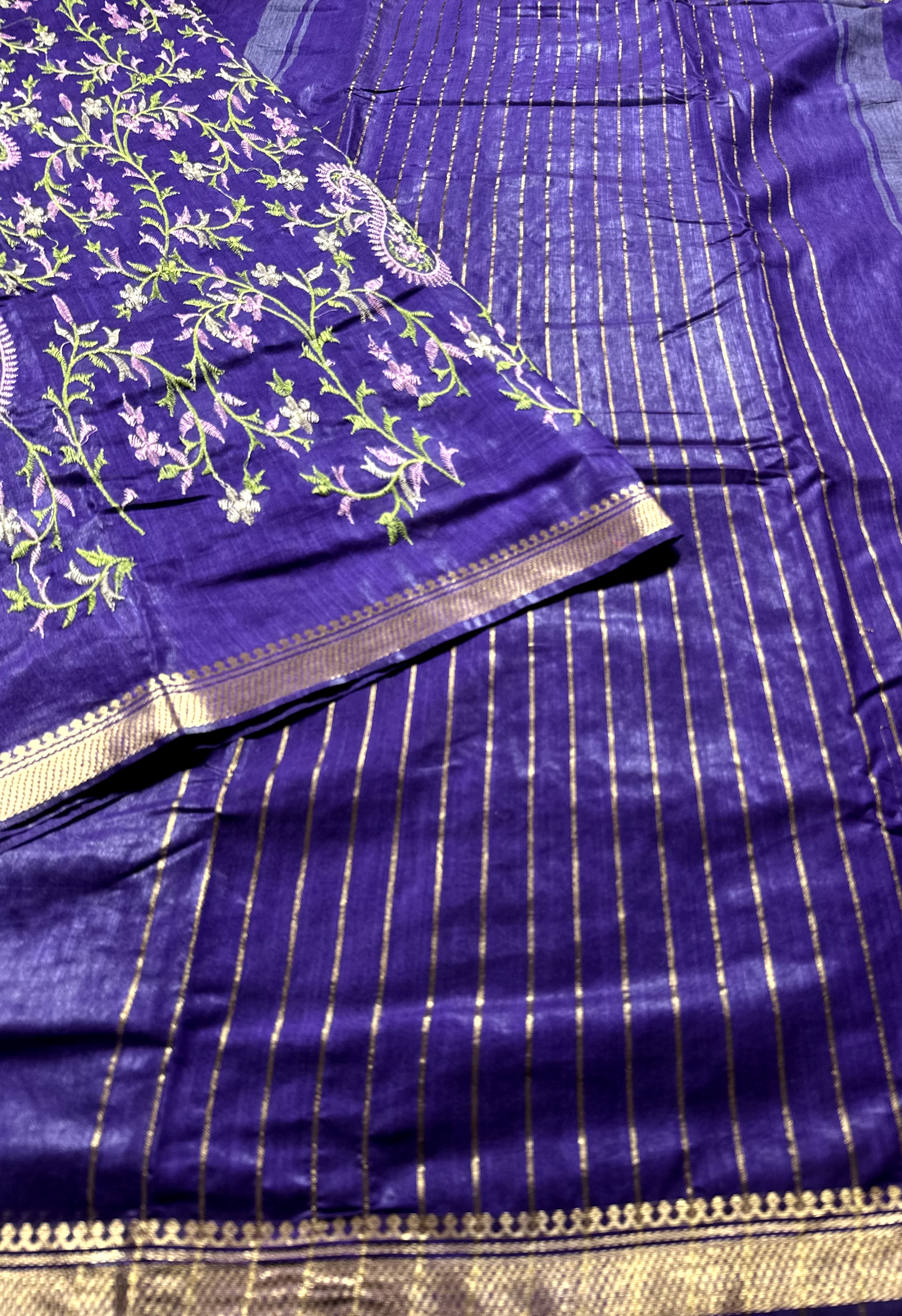 Dark Purple Linen Embroidery Saree