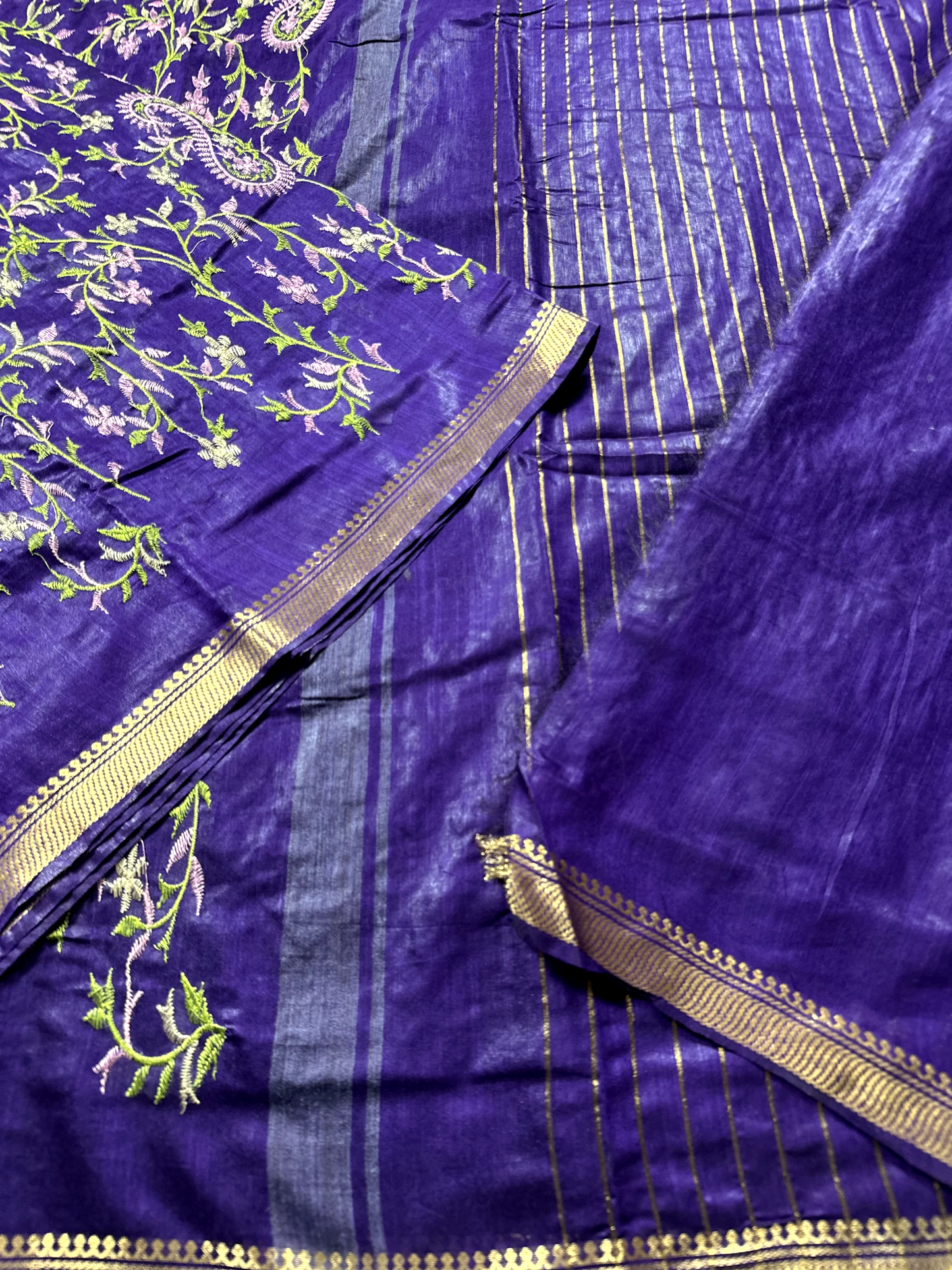 Dark Purple Linen Embroidery Saree