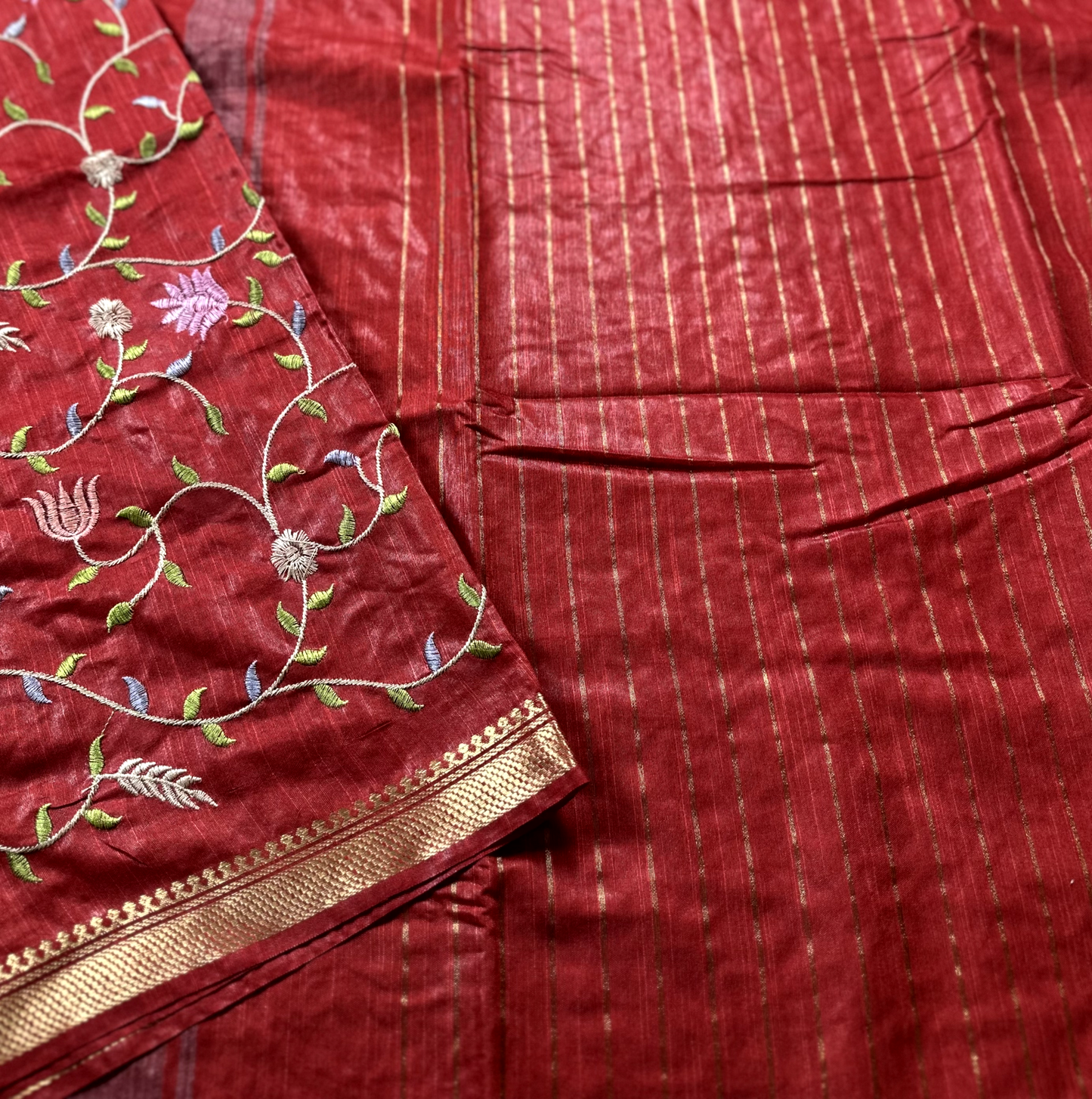 Red Linen Embroidery Saree