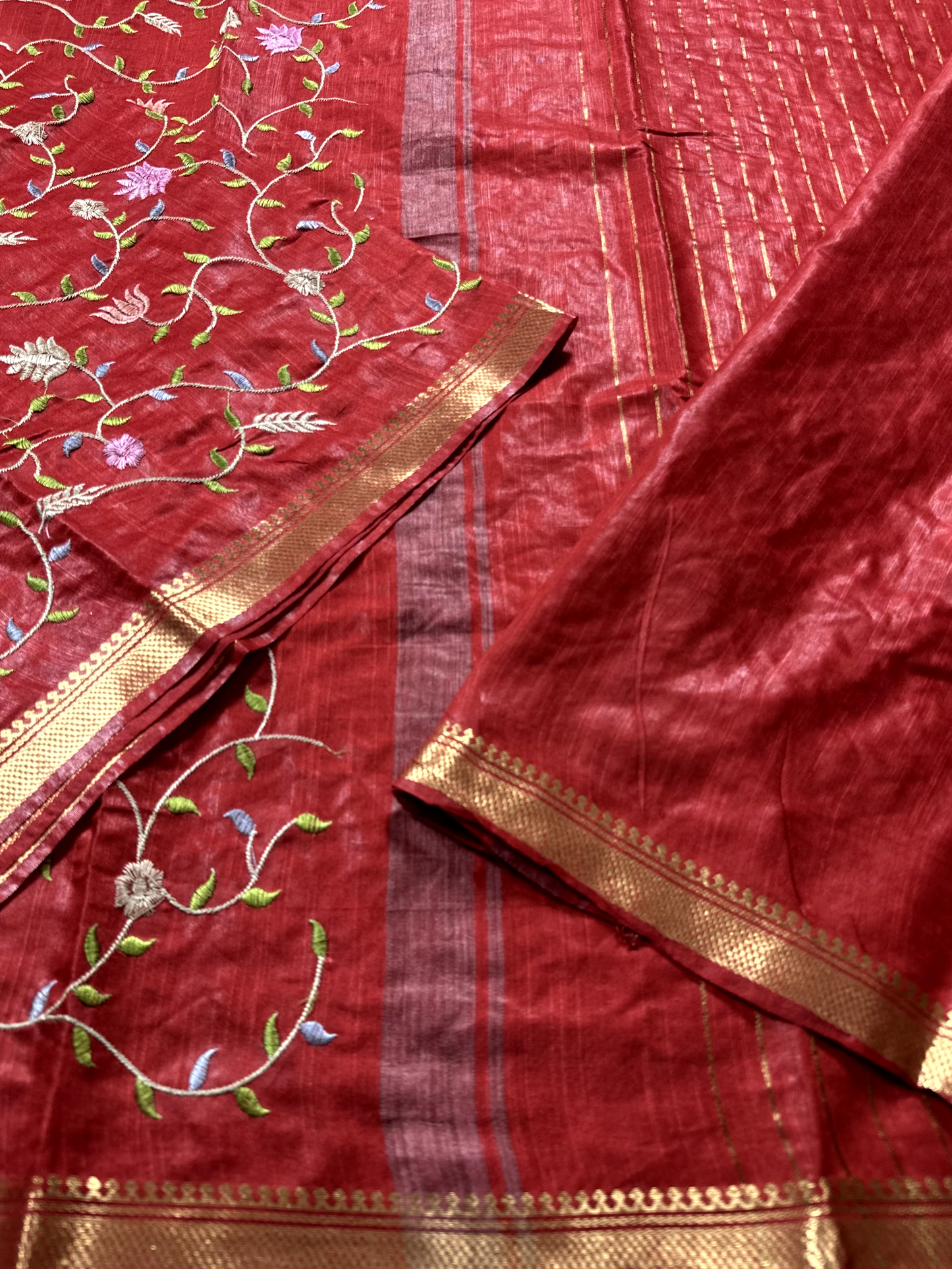 Red Linen Embroidery Saree
