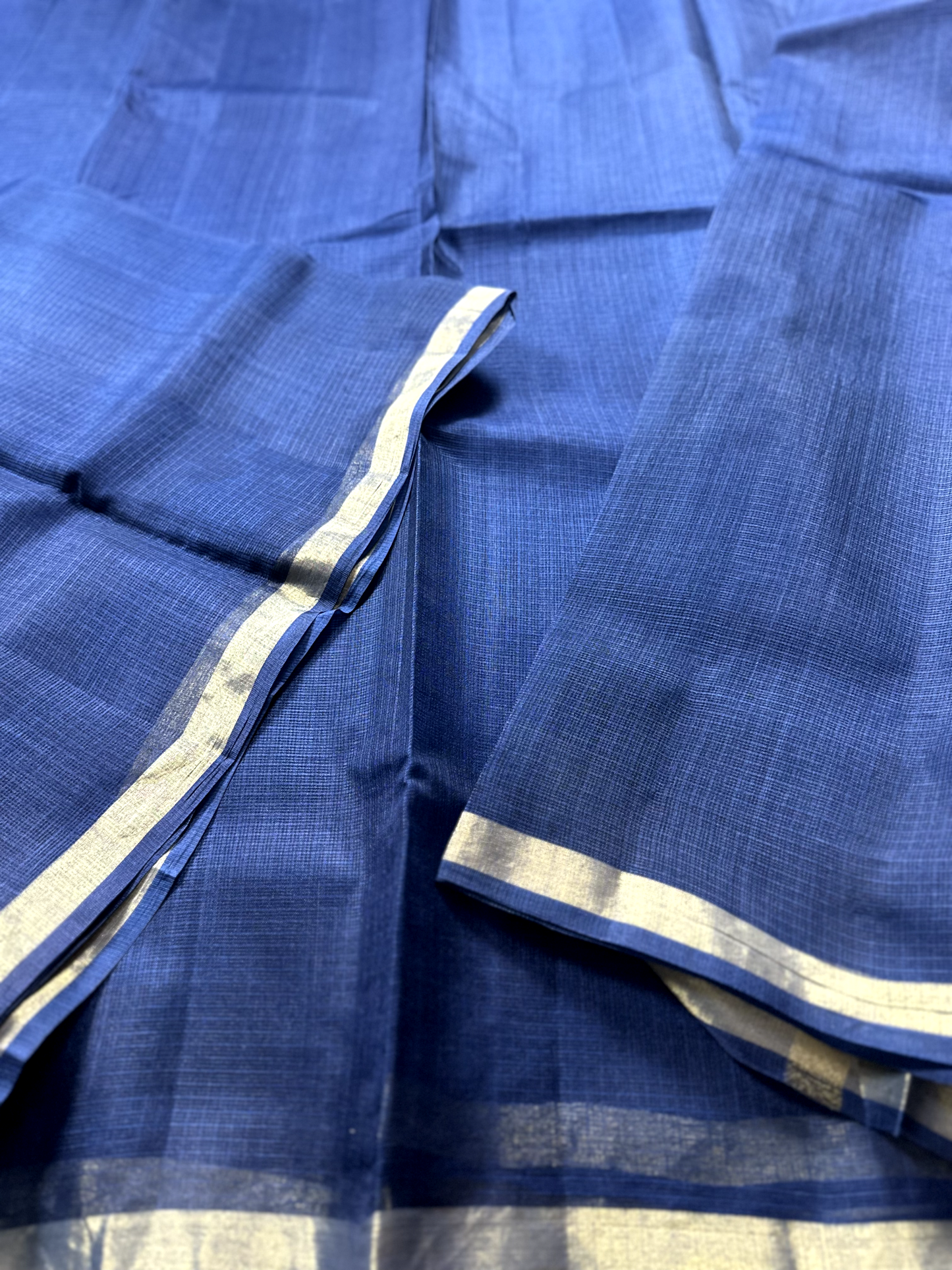 Dark Blue Kota Doria Silk Saree with Gold Border