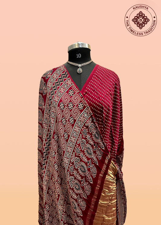 Gajji Soft Silk Saree with Ajrak-Inspired Geometric & Floral Motifs