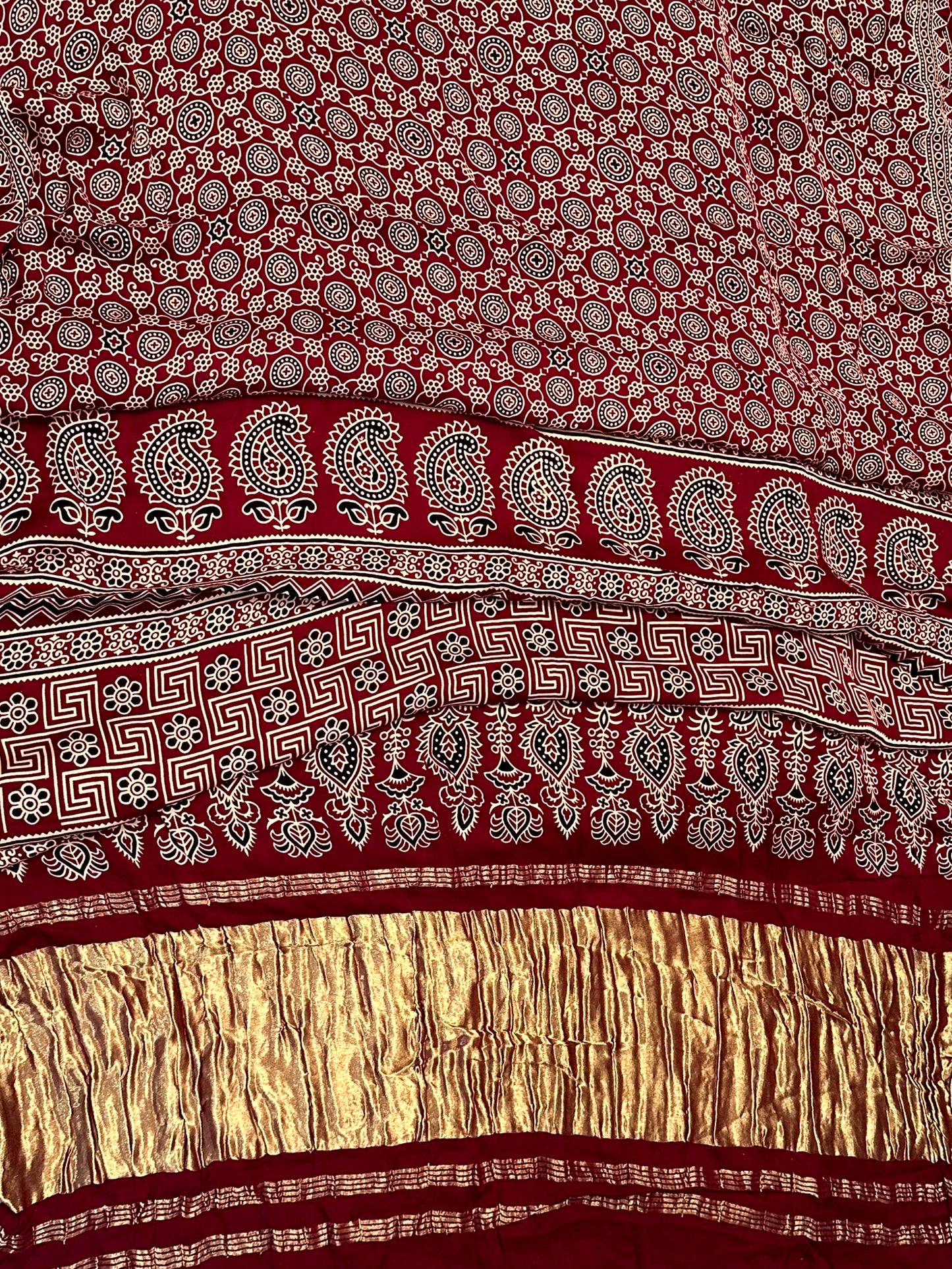 Gajji Soft Silk Saree with Ajrak-Inspired Geometric & Floral Motifs