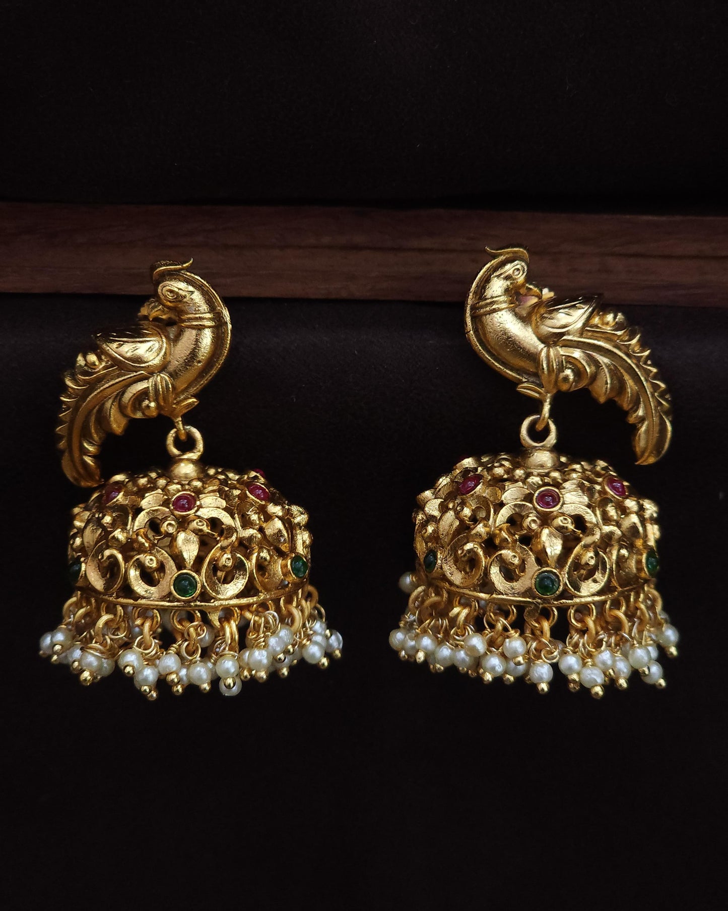 Peacock Design Premium Jadau Kundan Jhumkas with Pearl Drops