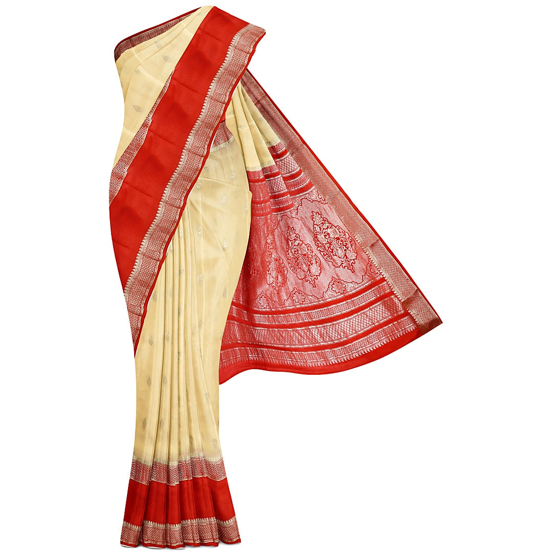 Cream Banaras Butta Pure Silk Mysore Crepe Saree