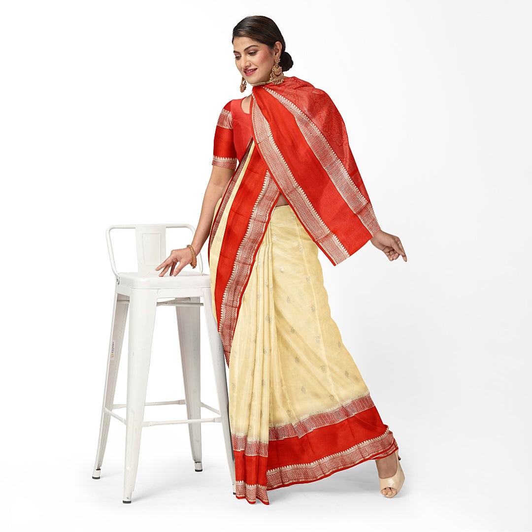 Cream Banaras Butta Pure Silk Mysore Crepe Saree