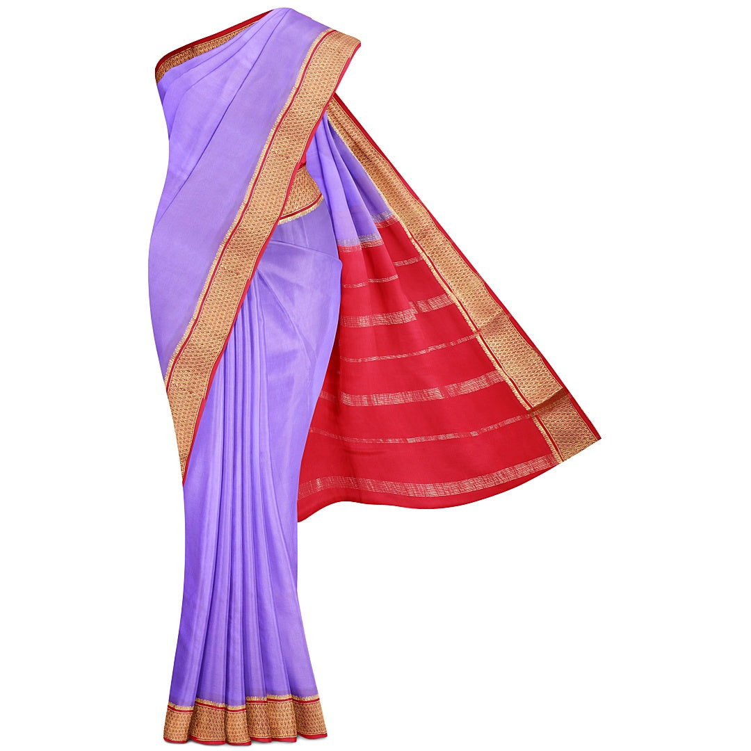 Bright Lavender Dot Border Pure Silk Mysore Crepe Saree
