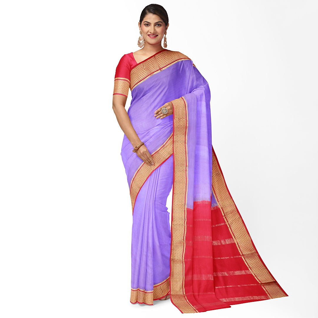 Bright Lavender Dot Border Pure Silk Mysore Crepe Saree