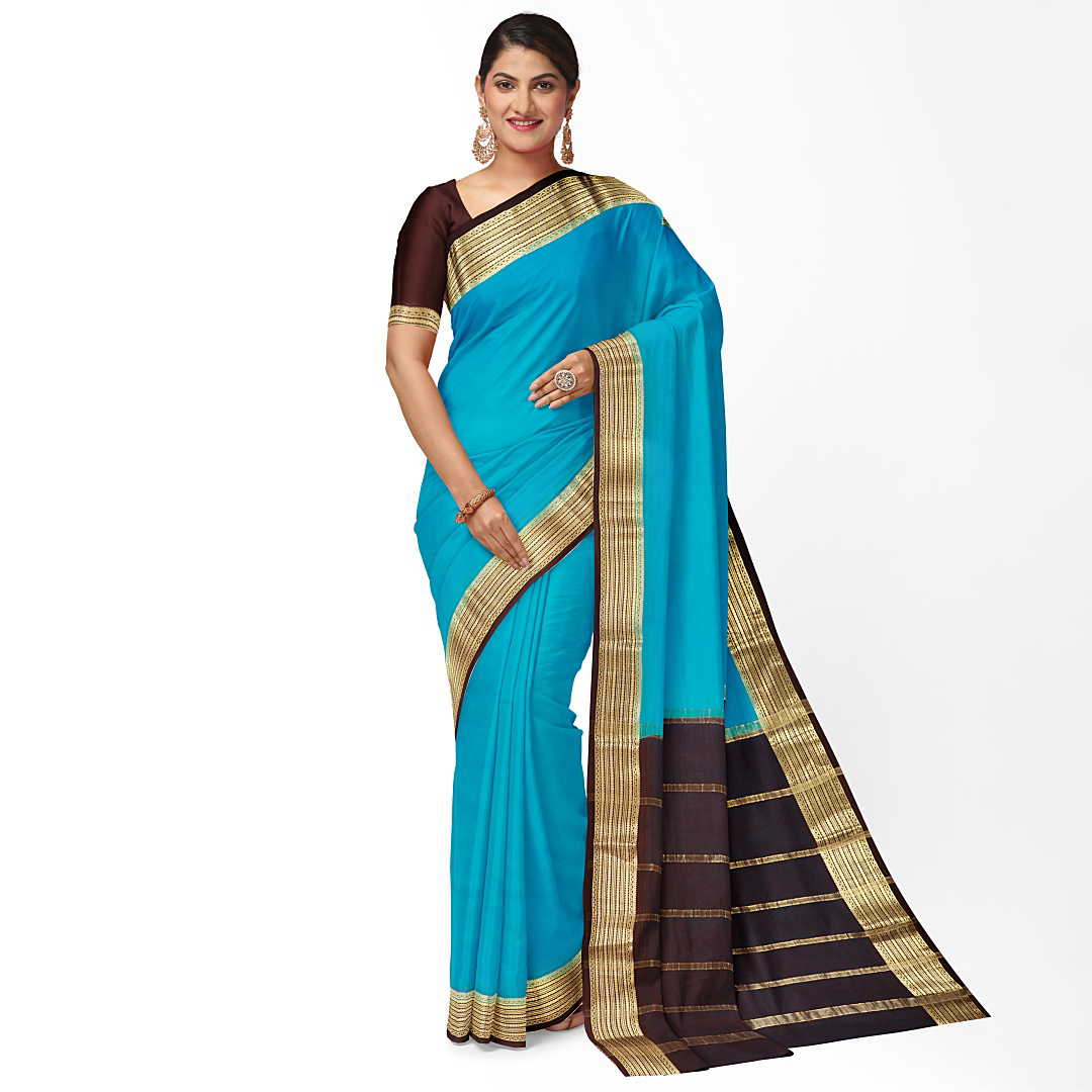 Sky Blue & Plum Pure Silk Mysore Crepe Saree