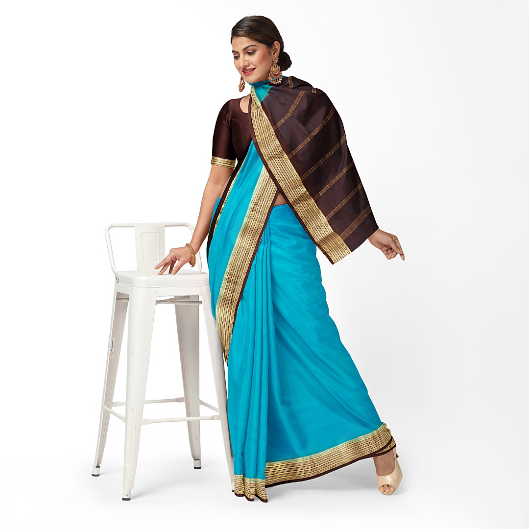 Sky Blue & Plum Pure Silk Mysore Crepe Saree