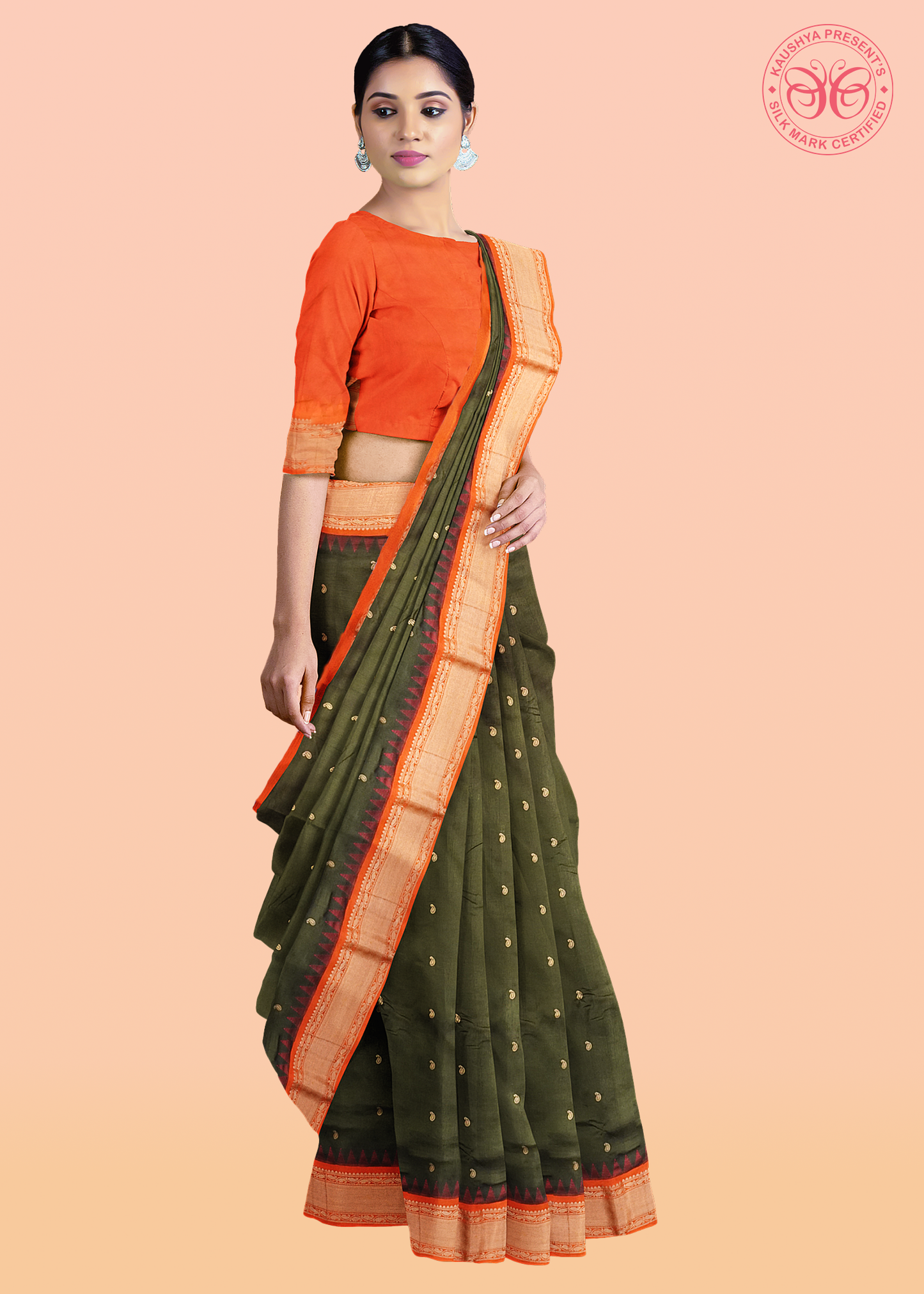 Olive Pure Silk Gadwal Saree With Rukmini Border
