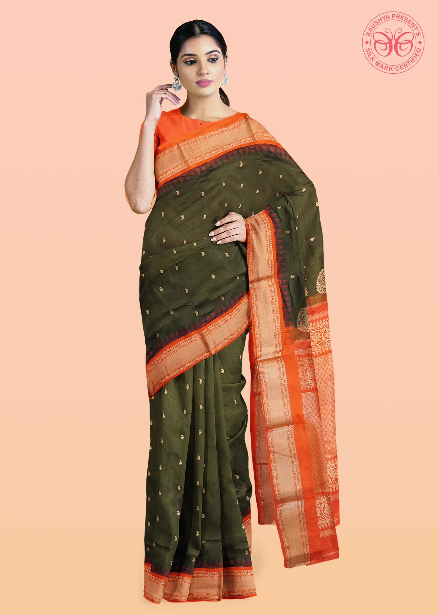 Olive Pure Silk Gadwal Saree With Rukmini Border