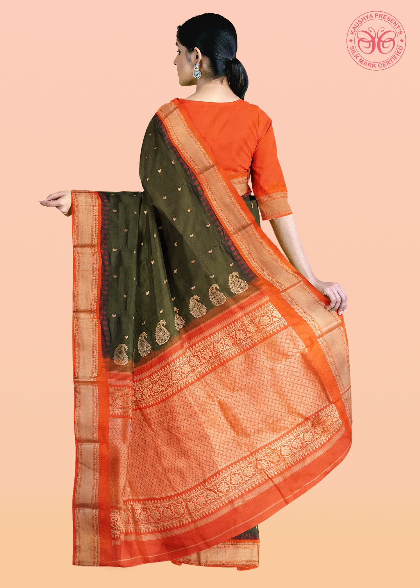 Olive Pure Silk Gadwal Saree With Rukmini Border