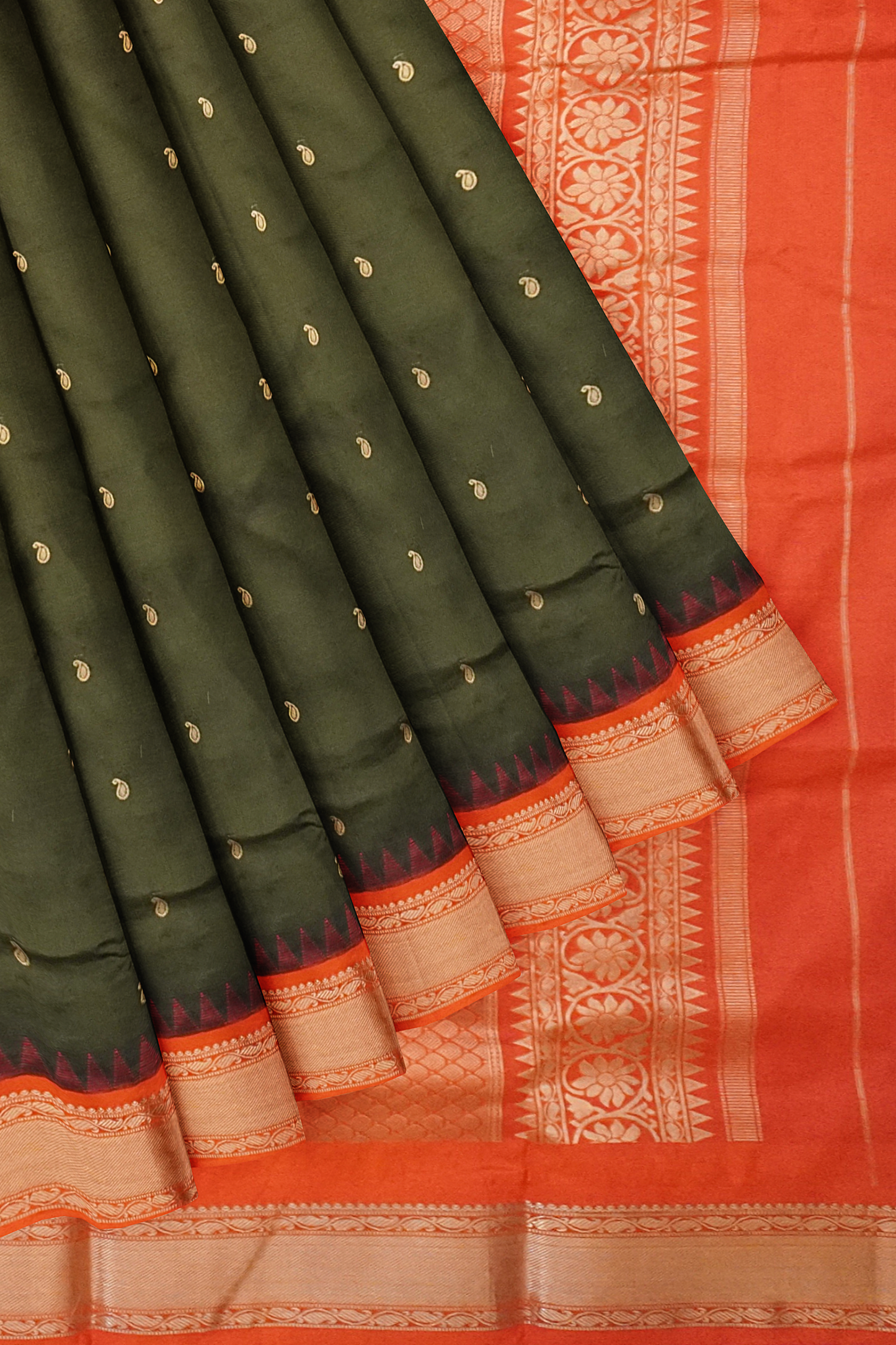 Olive Pure Silk Gadwal Saree With Rukmini Border