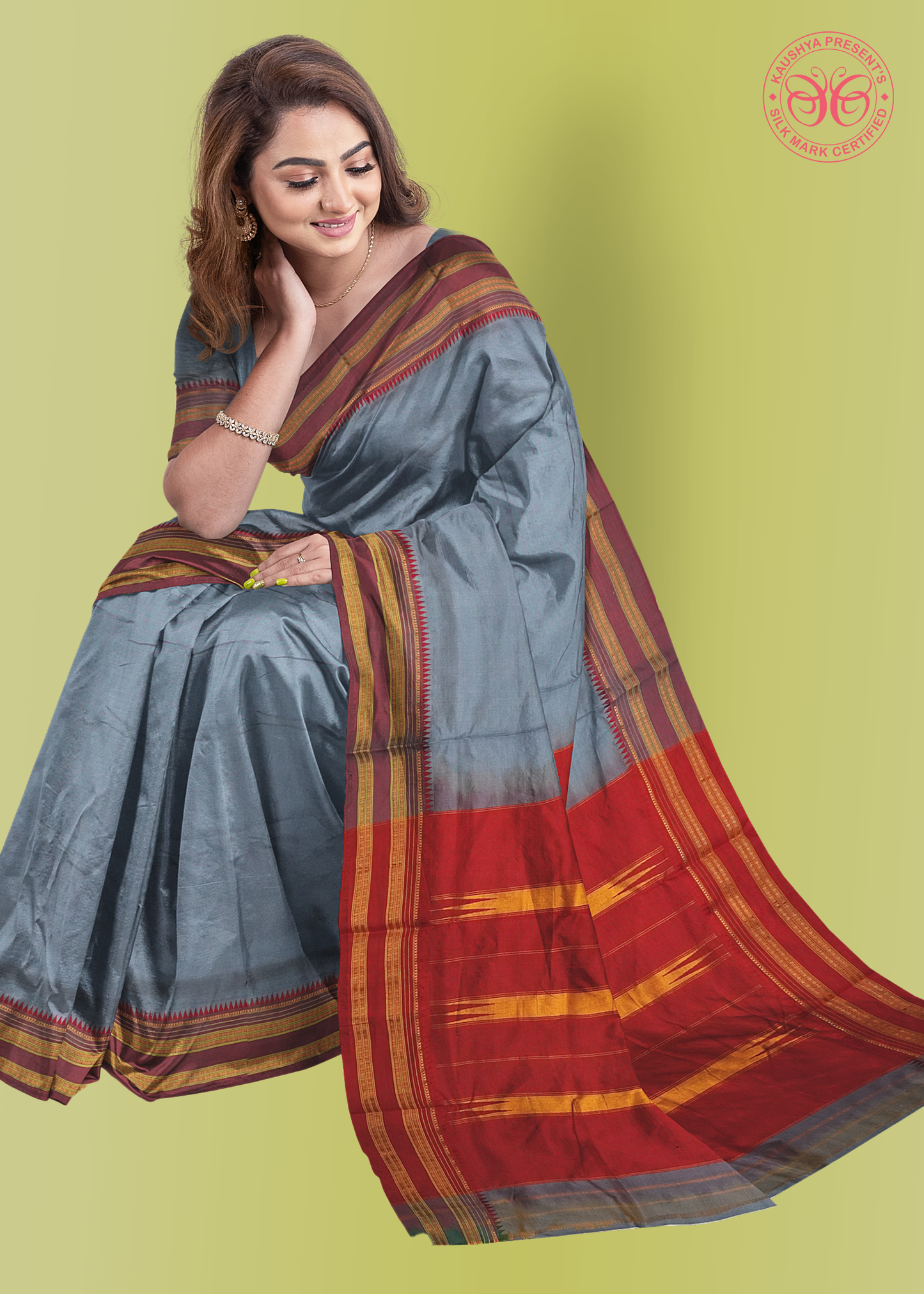 Grey Pure Silk Narayanpet Saree