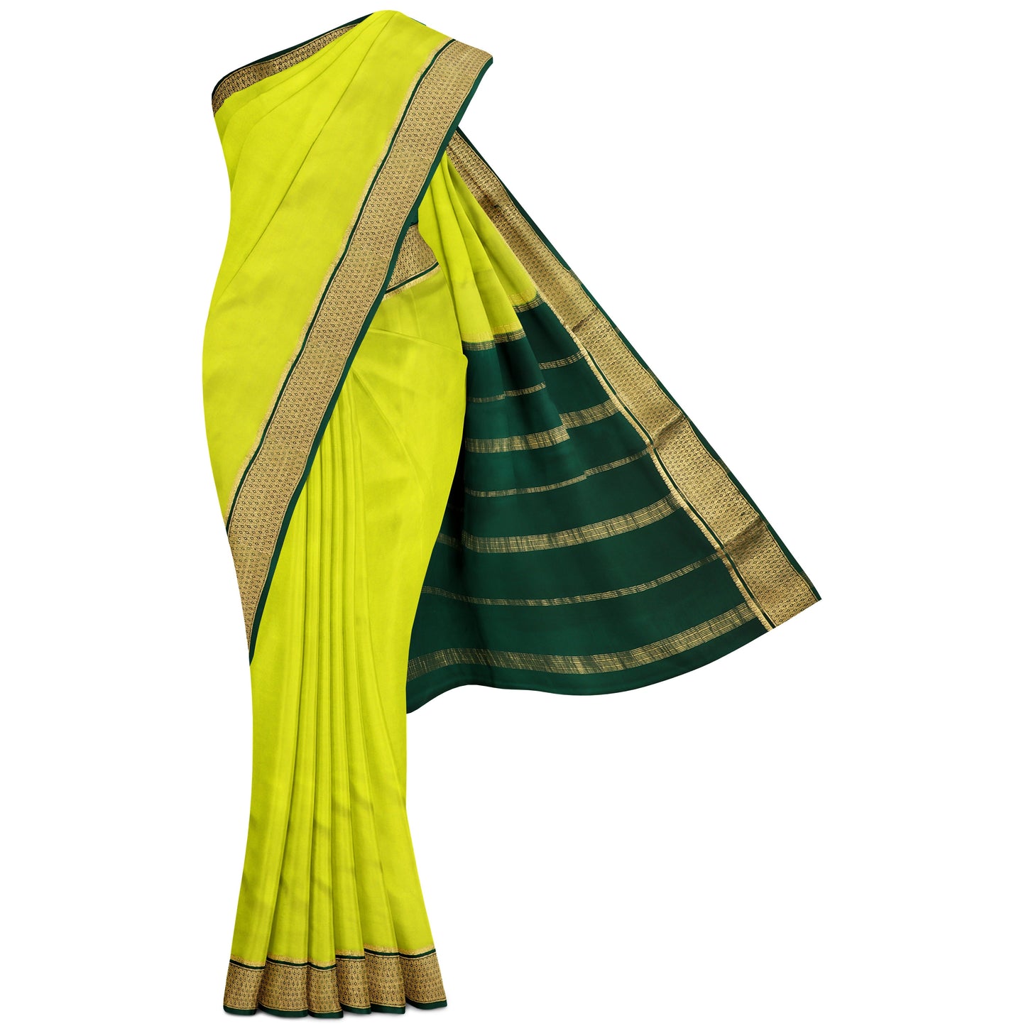 Neon Green Dot Border Pure Silk Mysore Crepe Saree
