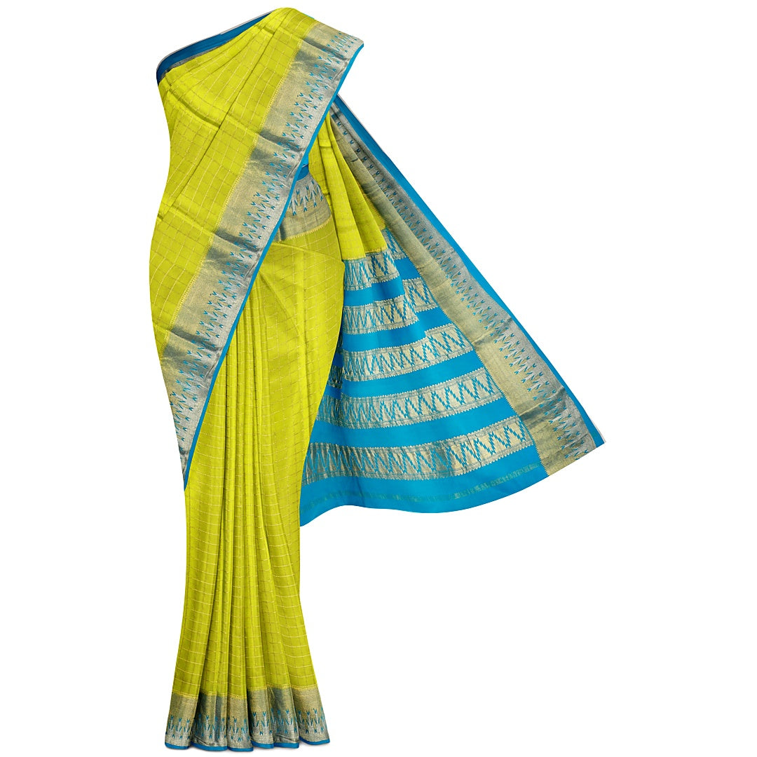 Neon Pure Silk Mysore Crepe Saree With Temple Border