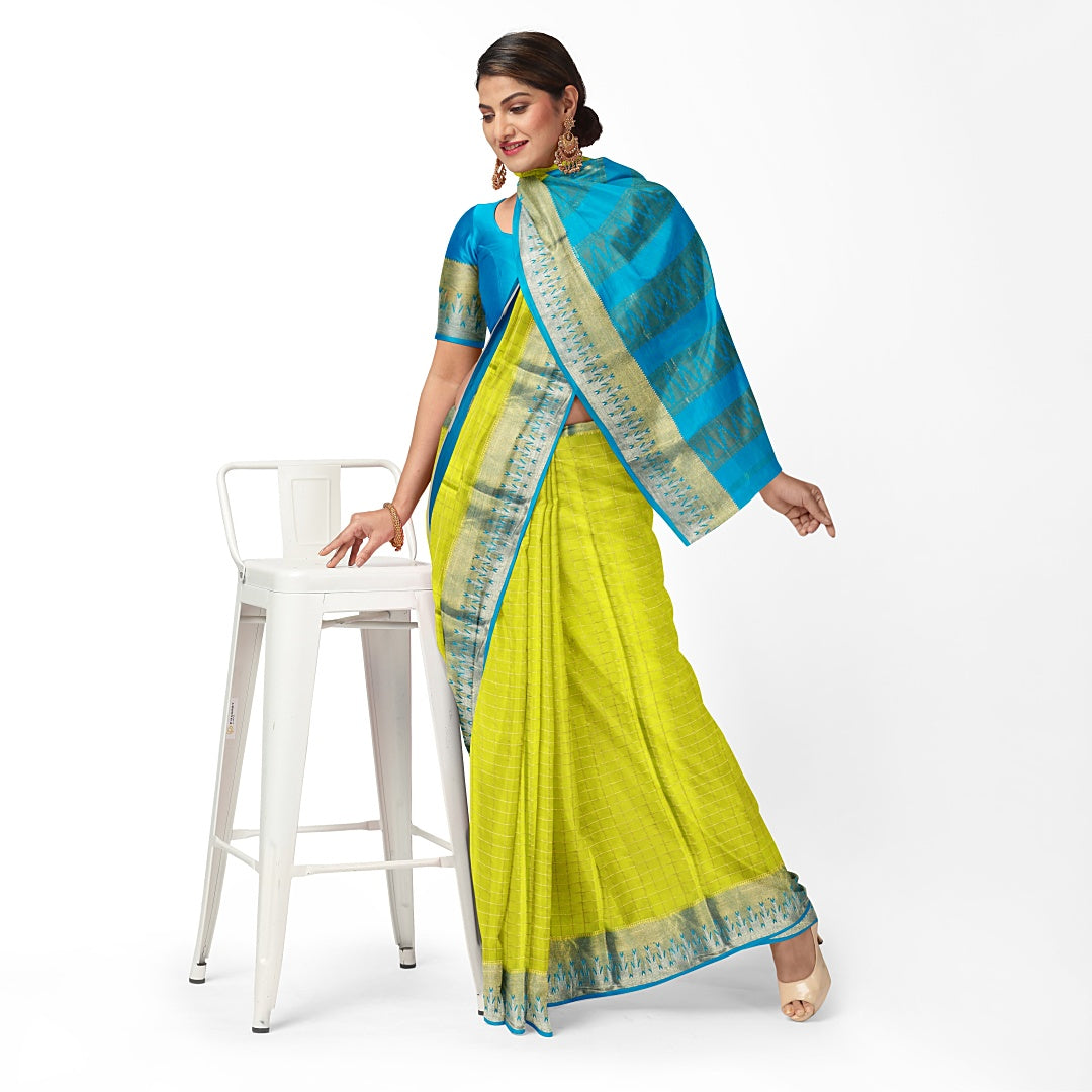 Neon Pure Silk Mysore Crepe Saree With Temple Border