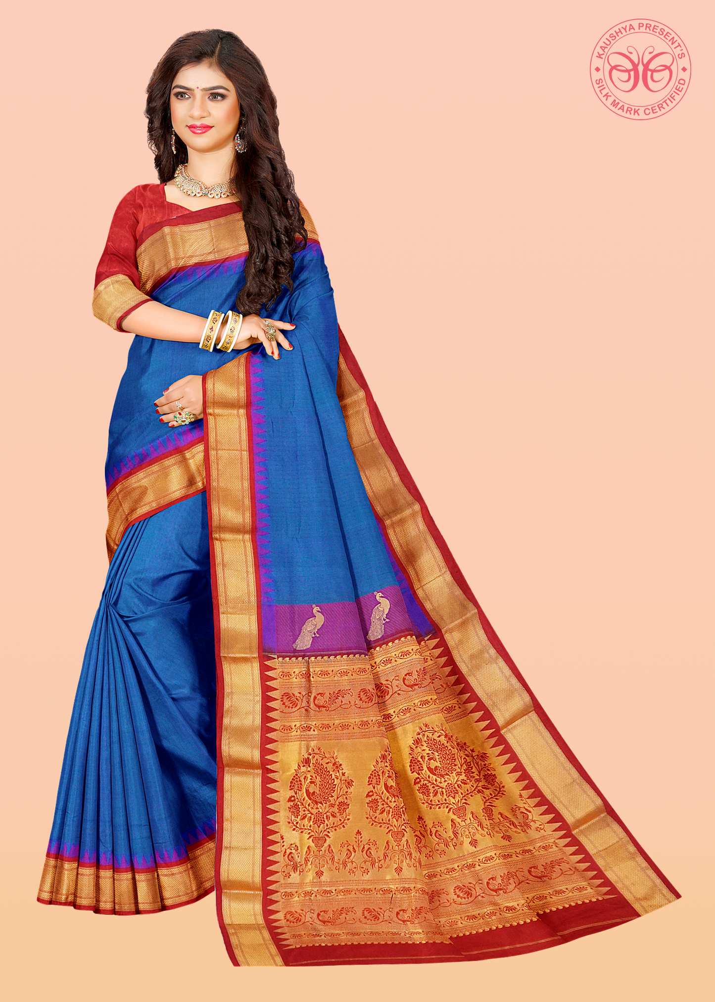 Peacock Blue Dual Tone Checks Pure Silk Gadwal Paithani Saree