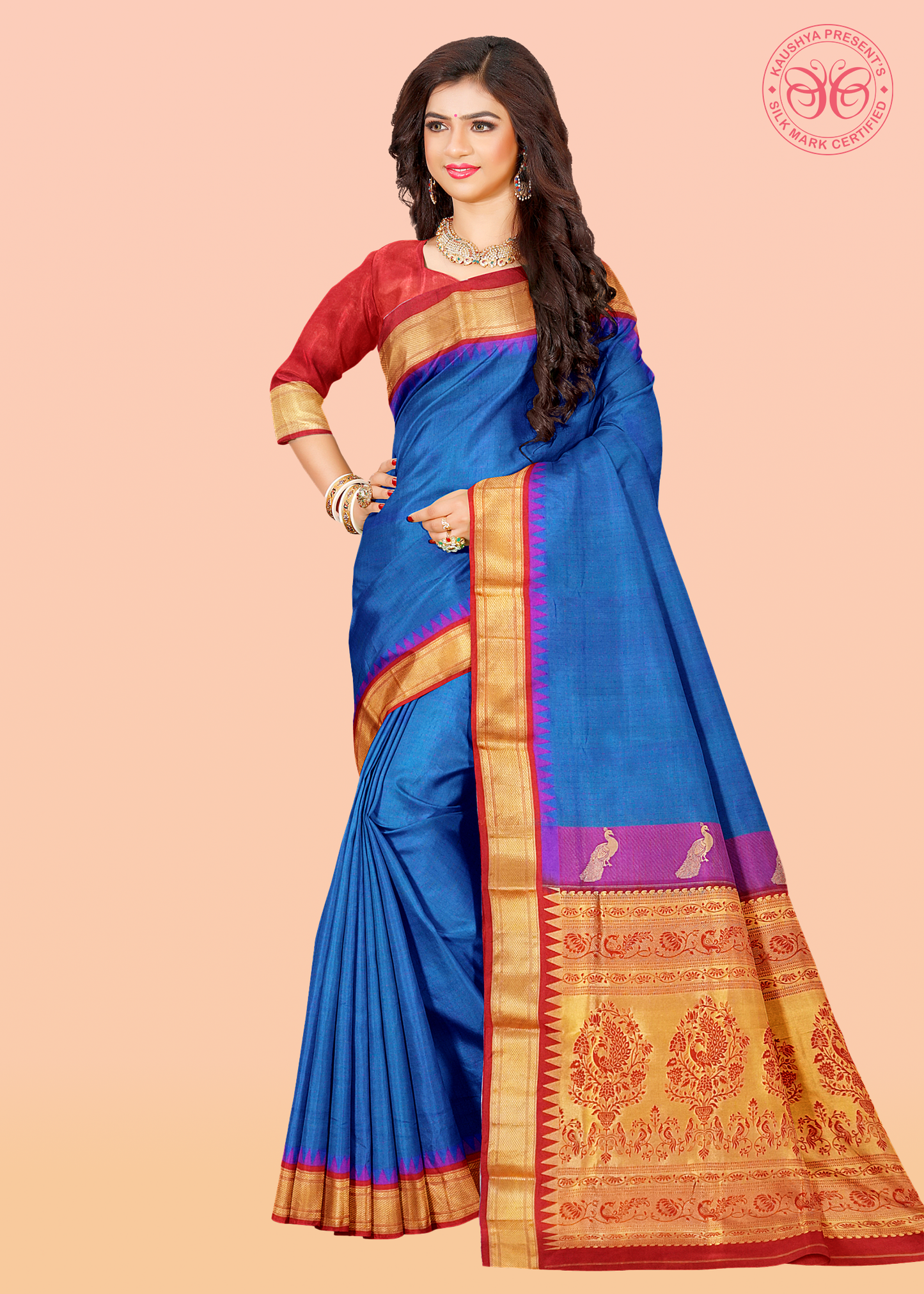 Peacock Blue Dual Tone Checks Pure Silk Gadwal Paithani Saree