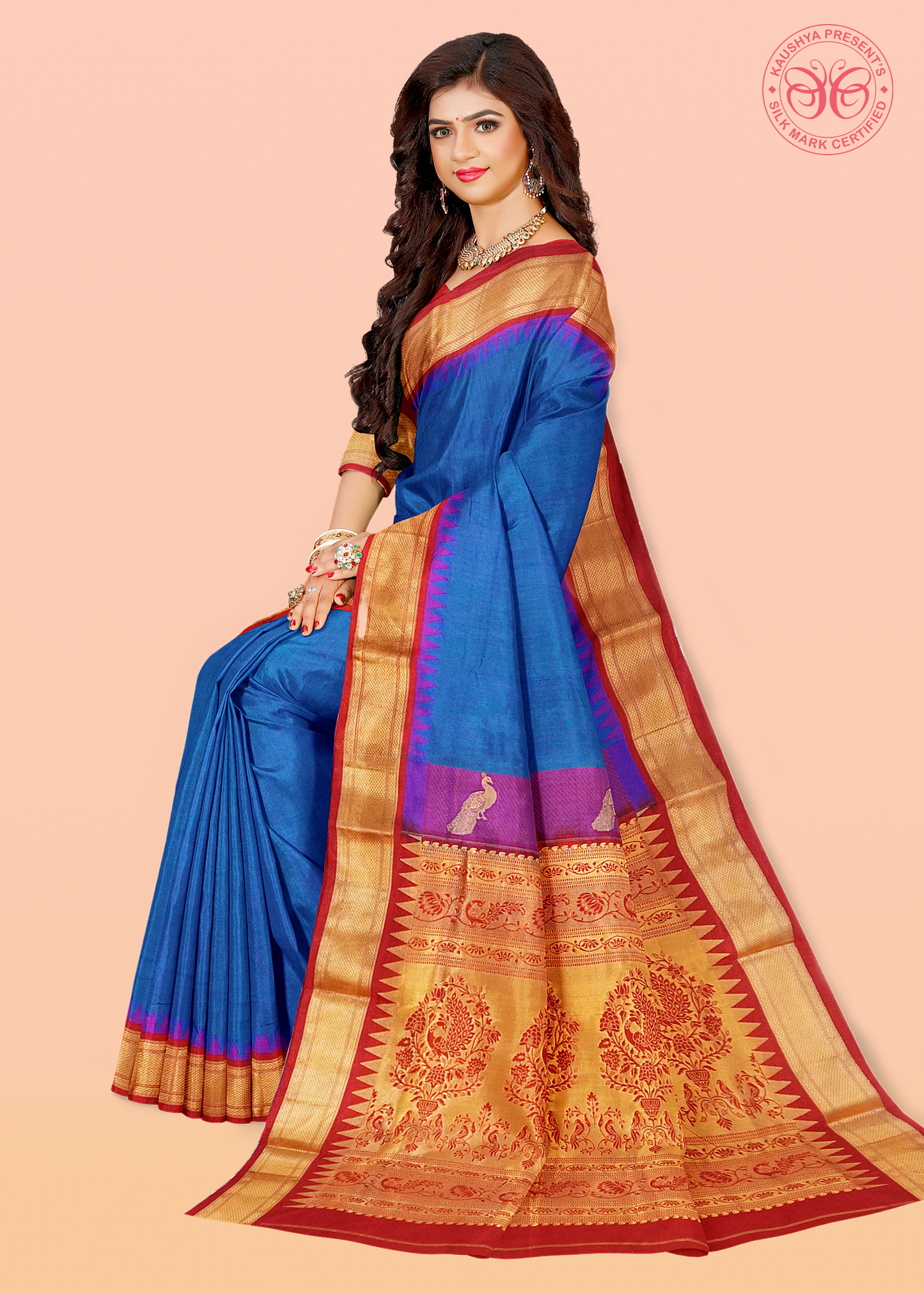 Peacock Blue Dual Tone Checks Pure Silk Gadwal Paithani Saree