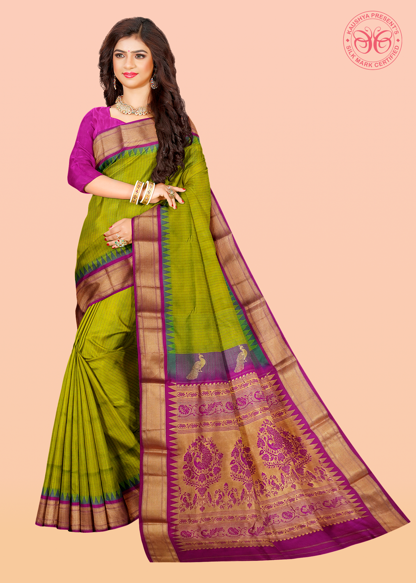 Greenish Yellow Dual Tone Checks Pure Silk Gadwal Paithani Saree