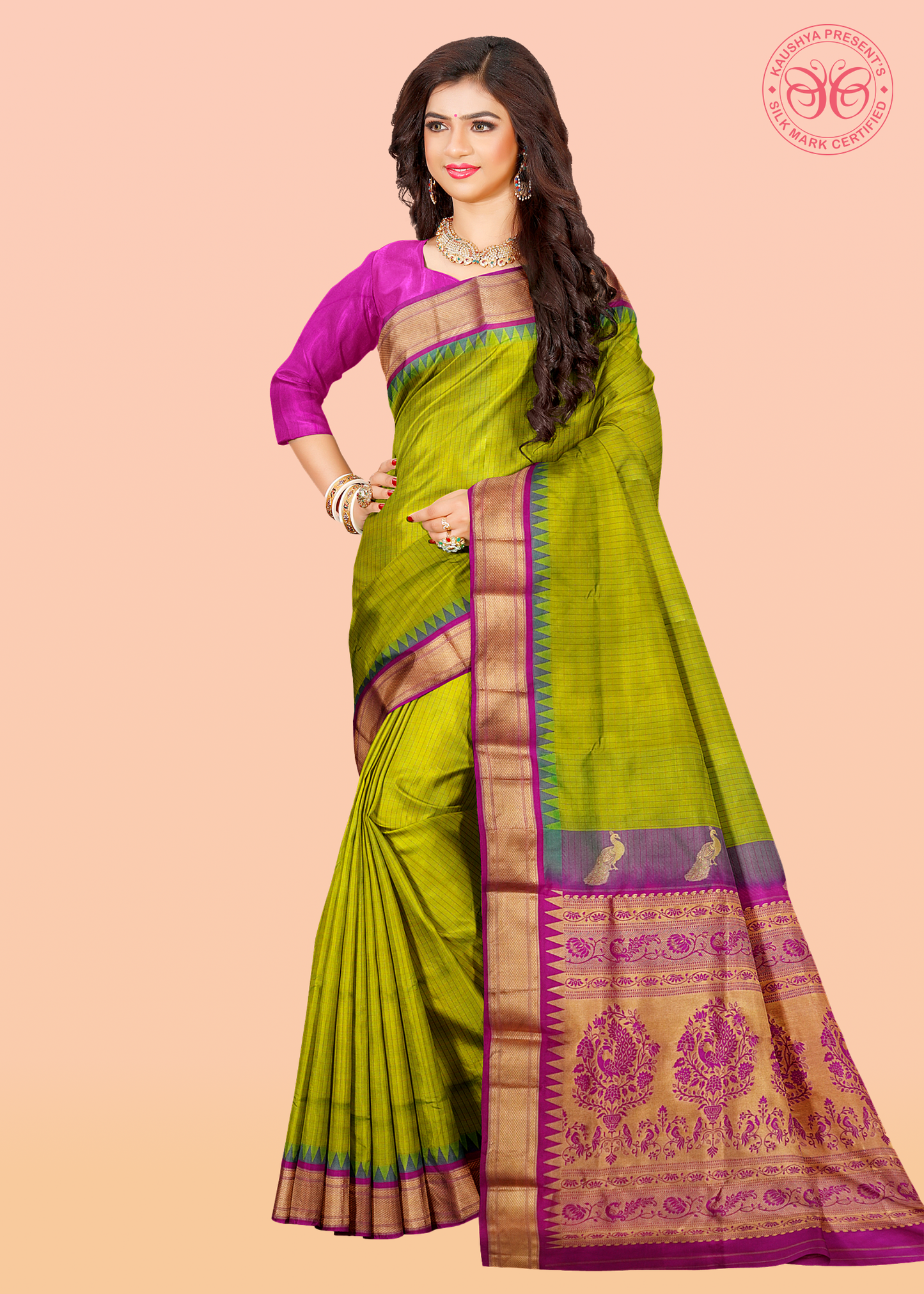 Greenish Yellow Dual Tone Checks Pure Silk Gadwal Paithani Saree